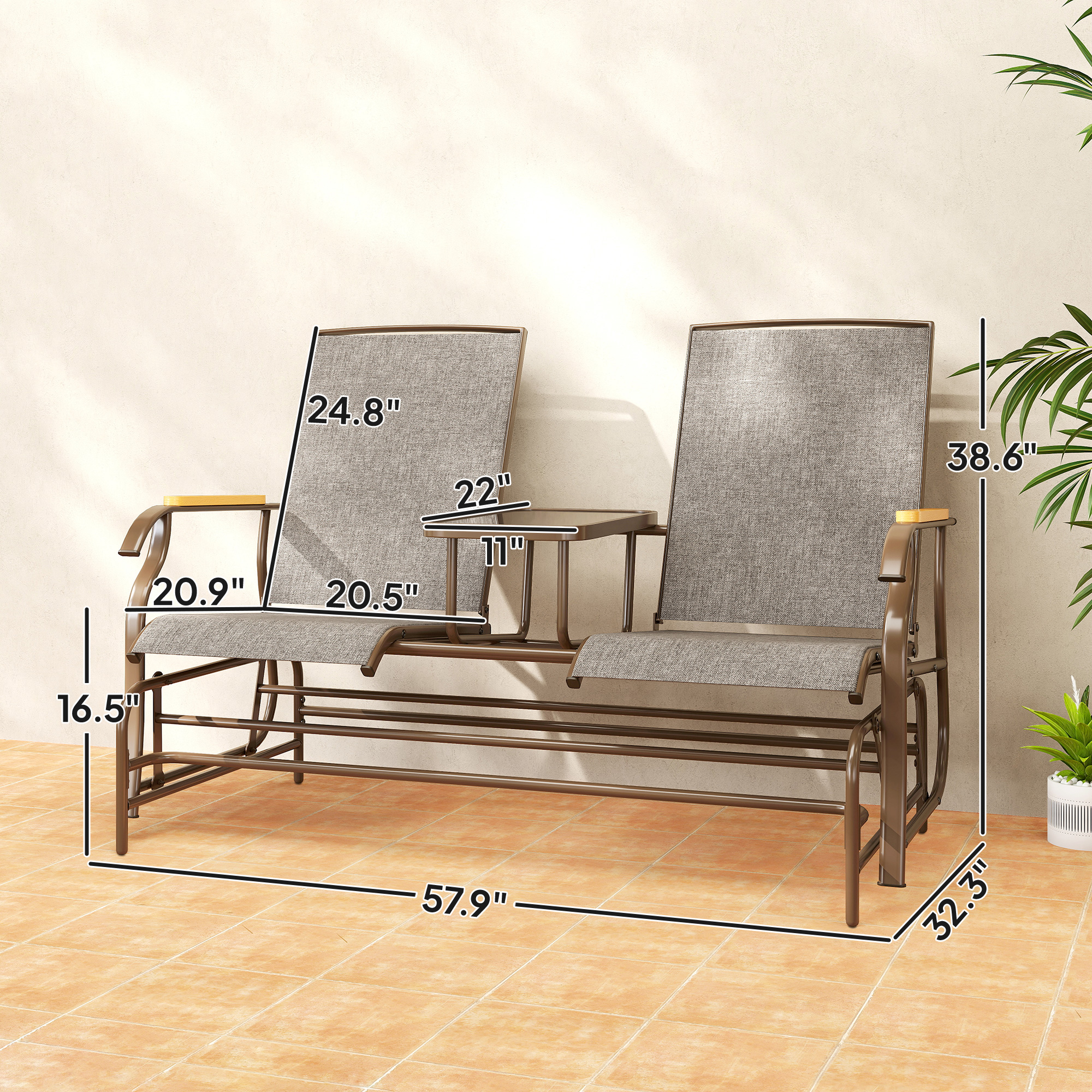 Outdoor 2-Person Glider Bench, Outside Glider Swing Chair Loveseat with Table, Steel Frame, Light Mixed Brown