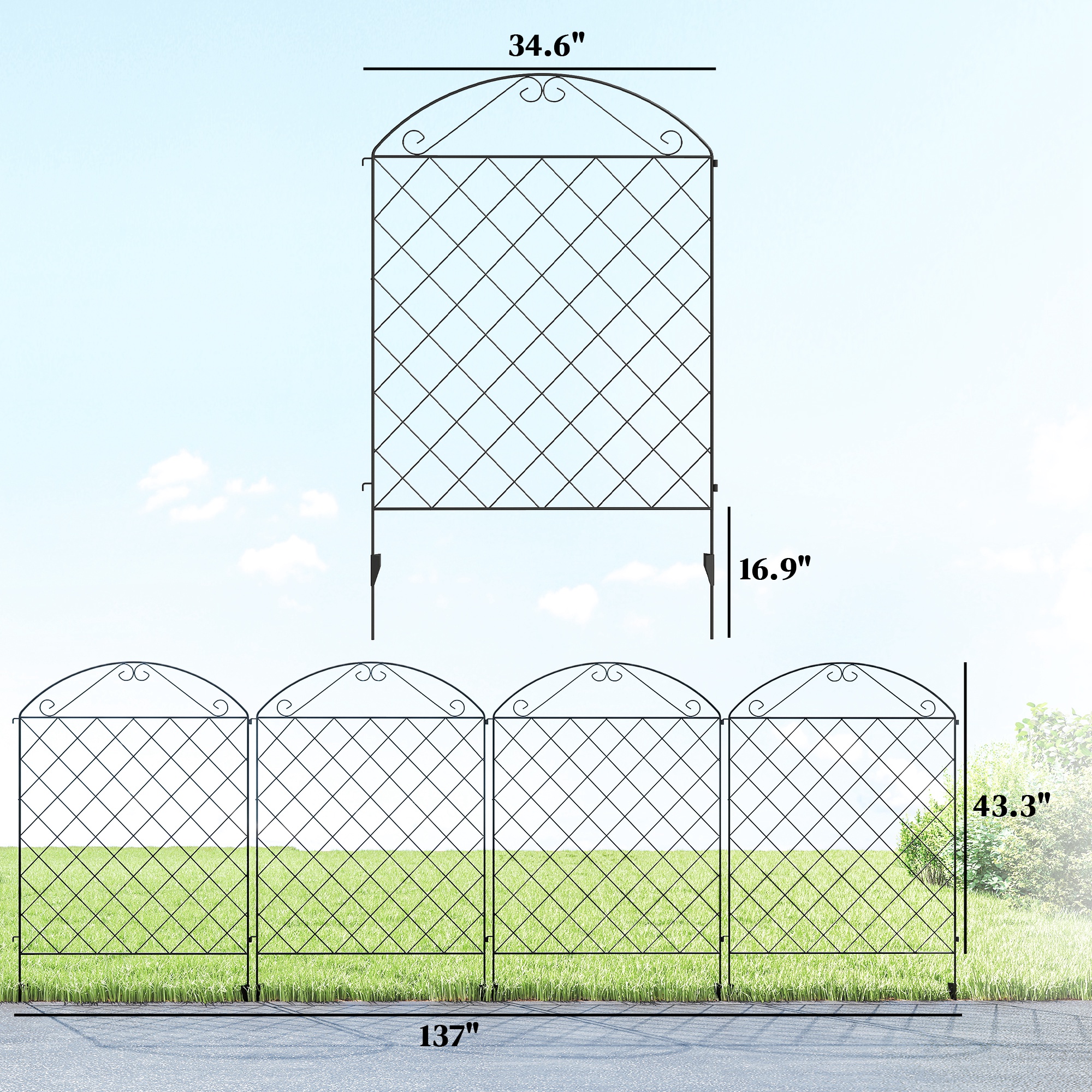 Garden Fence, 4 Pack Steel Fence Panels, 11.5′ L x 43″ H, Rust-Resistant Decorative Border Flower Edging for Yard, Landscape, Patio, Outdoor Decor, Curved Vines
