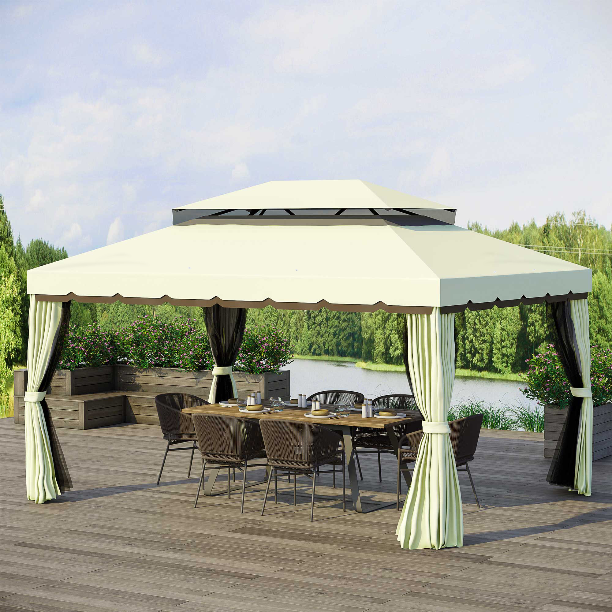 10 x 13 Patio Gazebo, Aluminum Frame Double Roof Outdoor Gazebo Canopy Shelter with Netting & Curtains, Cream White