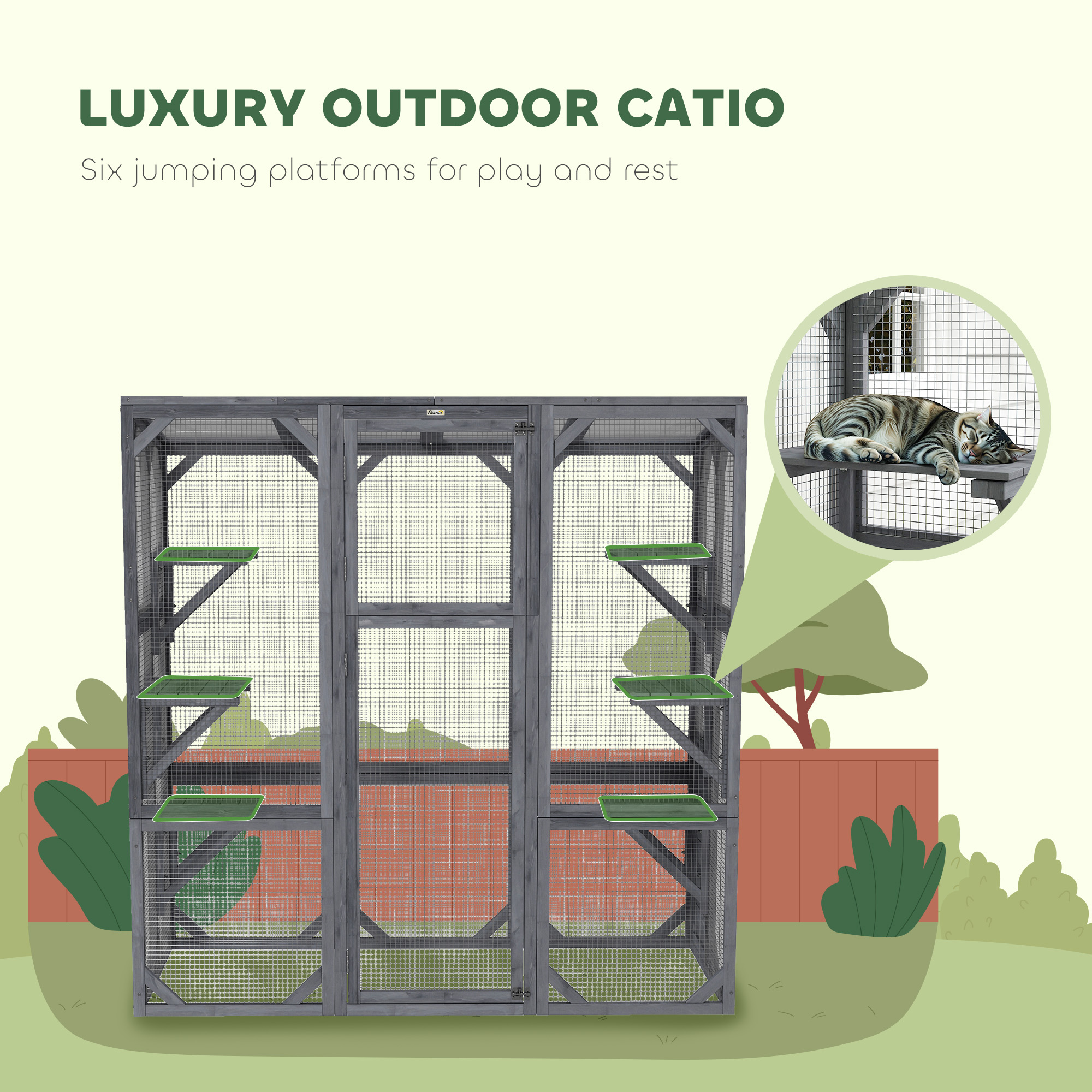  Large Wooden Catio Outdoor with 6 Jumping Platforms, Weatherproof Roof, for 1-3 Cats, 59" x 28" x 60", Gray