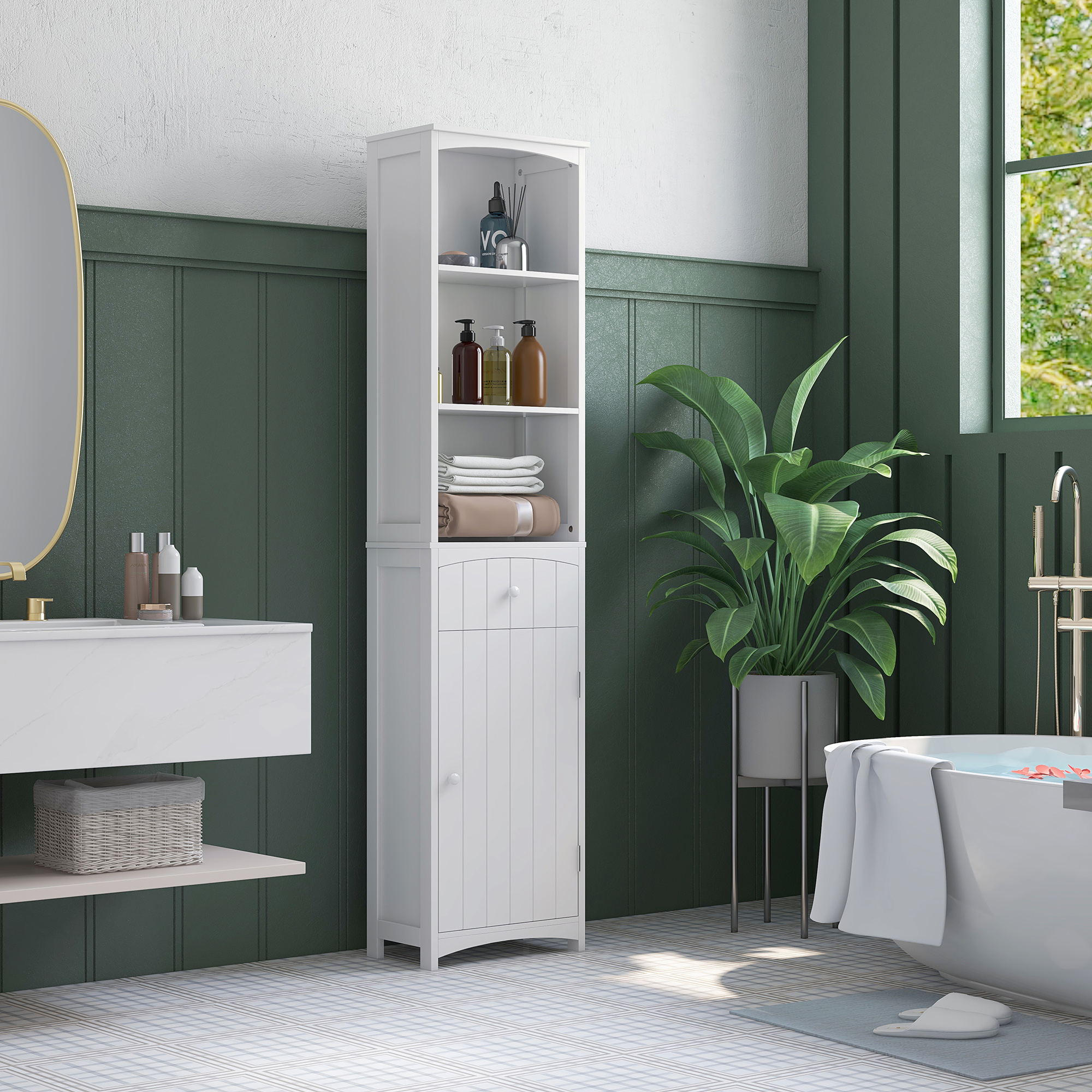  Bathroom Storage Cabinet, Free Standing Bathroom Storage Unit, Tall Linen Tower with 3-Tier Shelves and Drawer, White