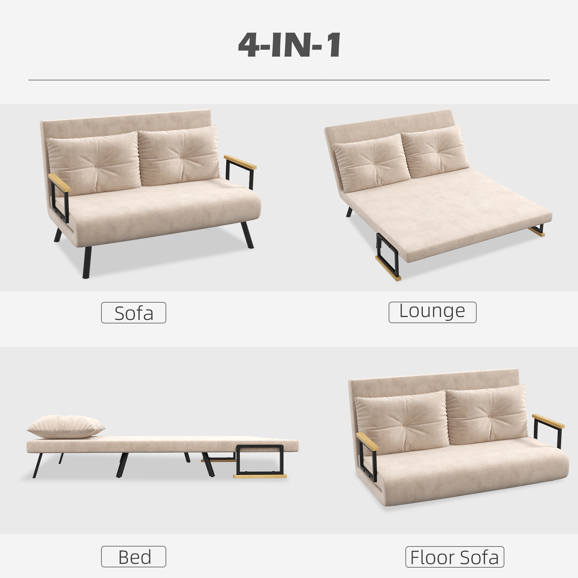 4-in-1 Velvet-Feel Double Sofa Bed, With Pillows - Beige — image 3