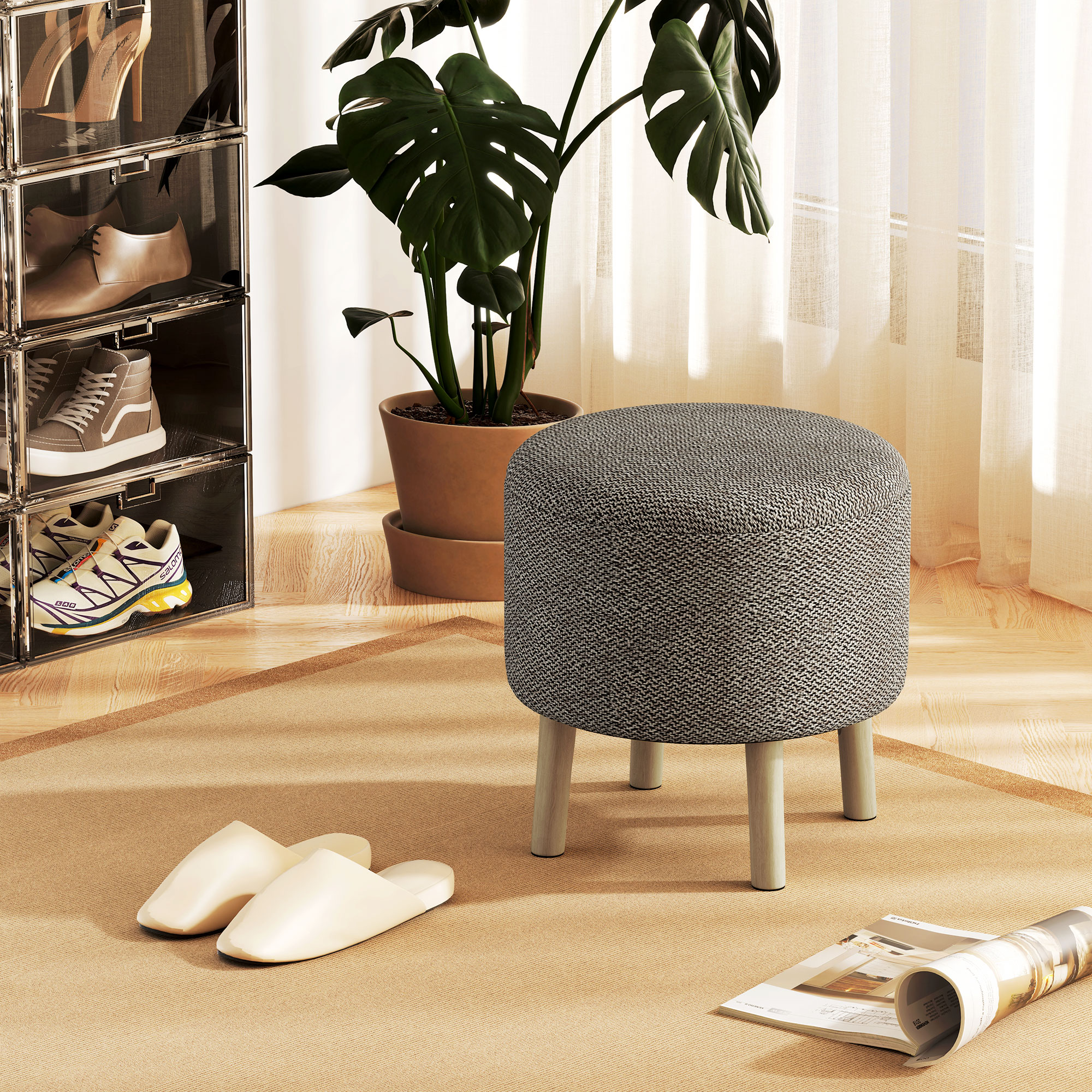 Round Linen-Look Storage Ottoman - Light Grey — image 2