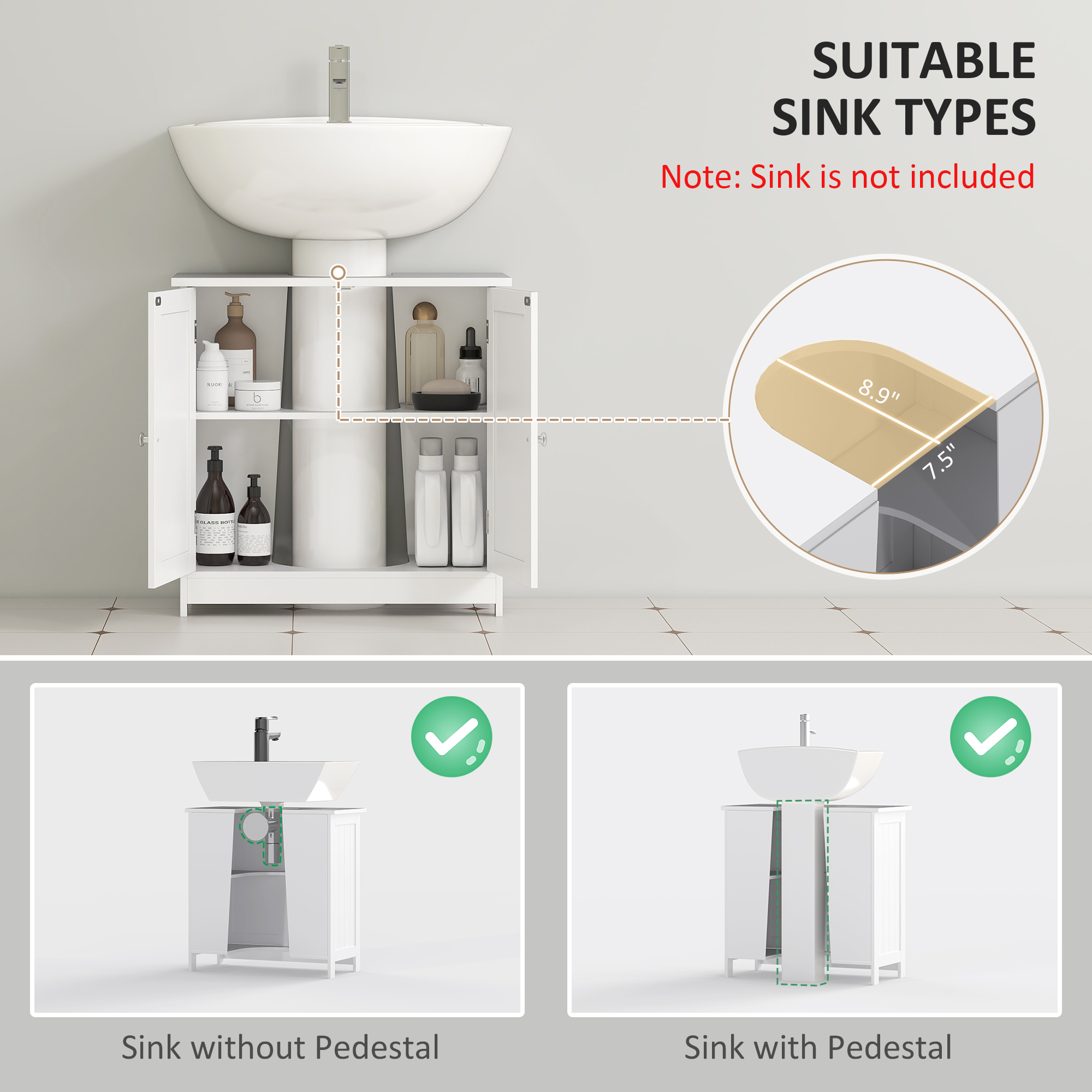  Under Sink Bathroom Cabinet, Pedestal Sink Storage Cabinet with 2 Doors, Shelf and U-Shape, White image 3