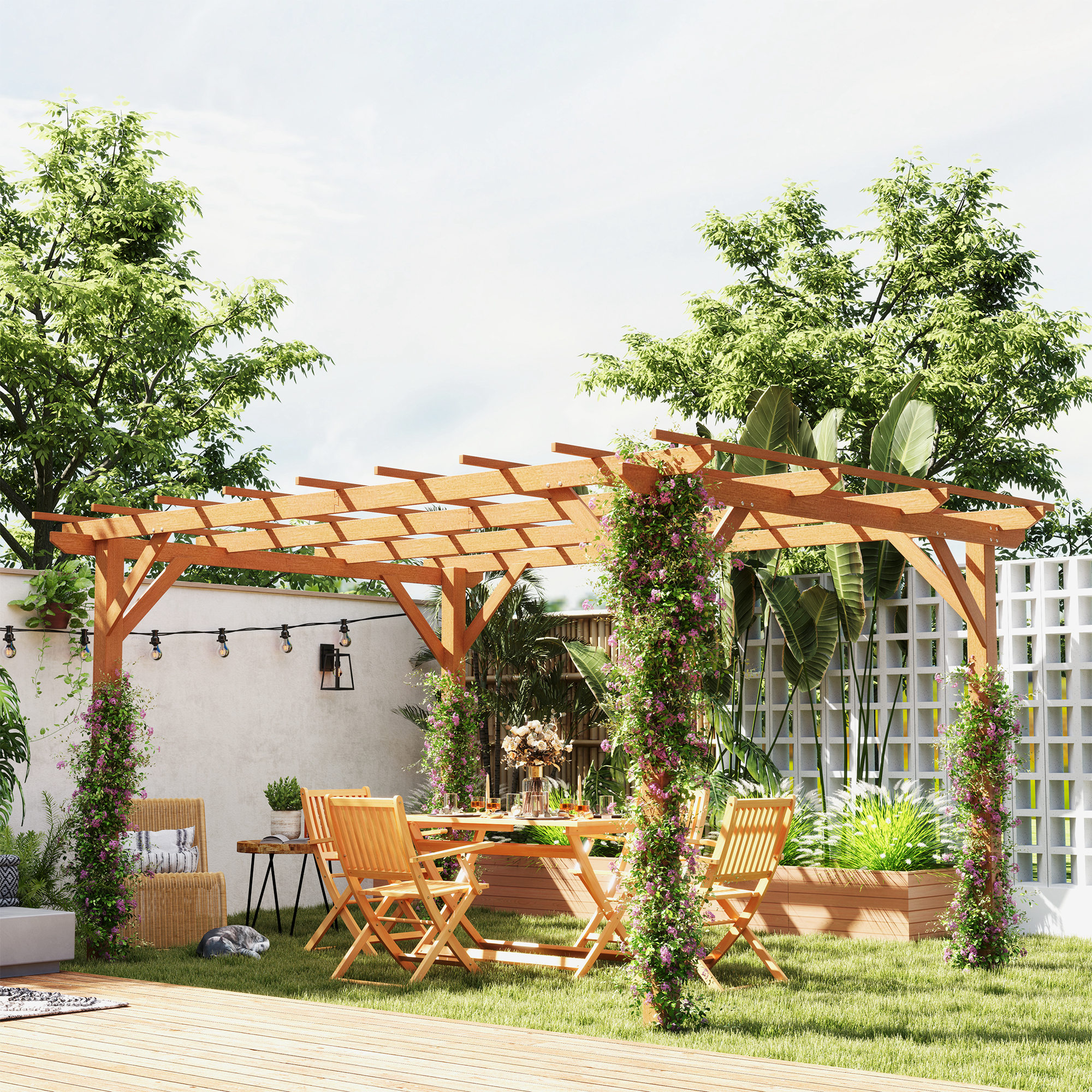 10 x 13 Wood Pergola, Outdoor Gazebo Grape Trellis with Stable Structure for Climbing Plant Support, Dark Brown