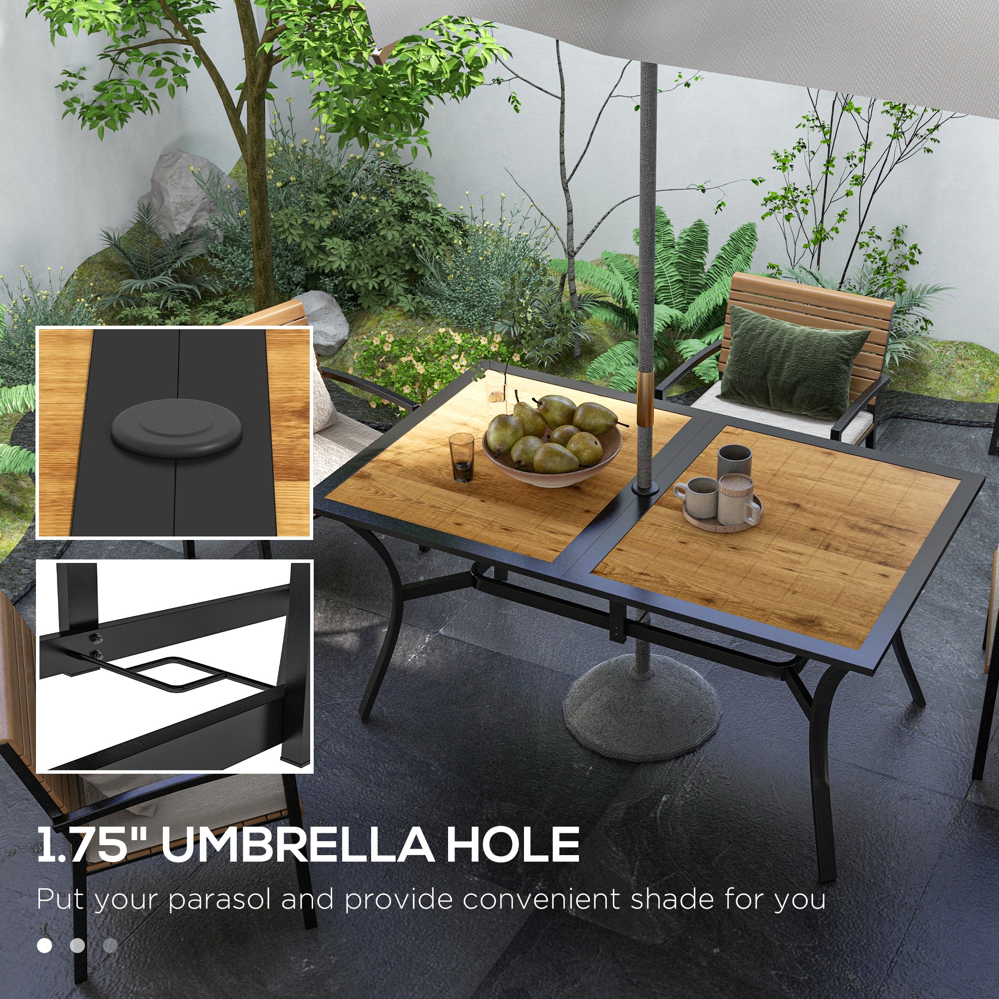Rectangular Patio Table with Umbrella Hole, Faux Wood Rectangle Outdoor Dining Table for 6 People for Garden, Brown