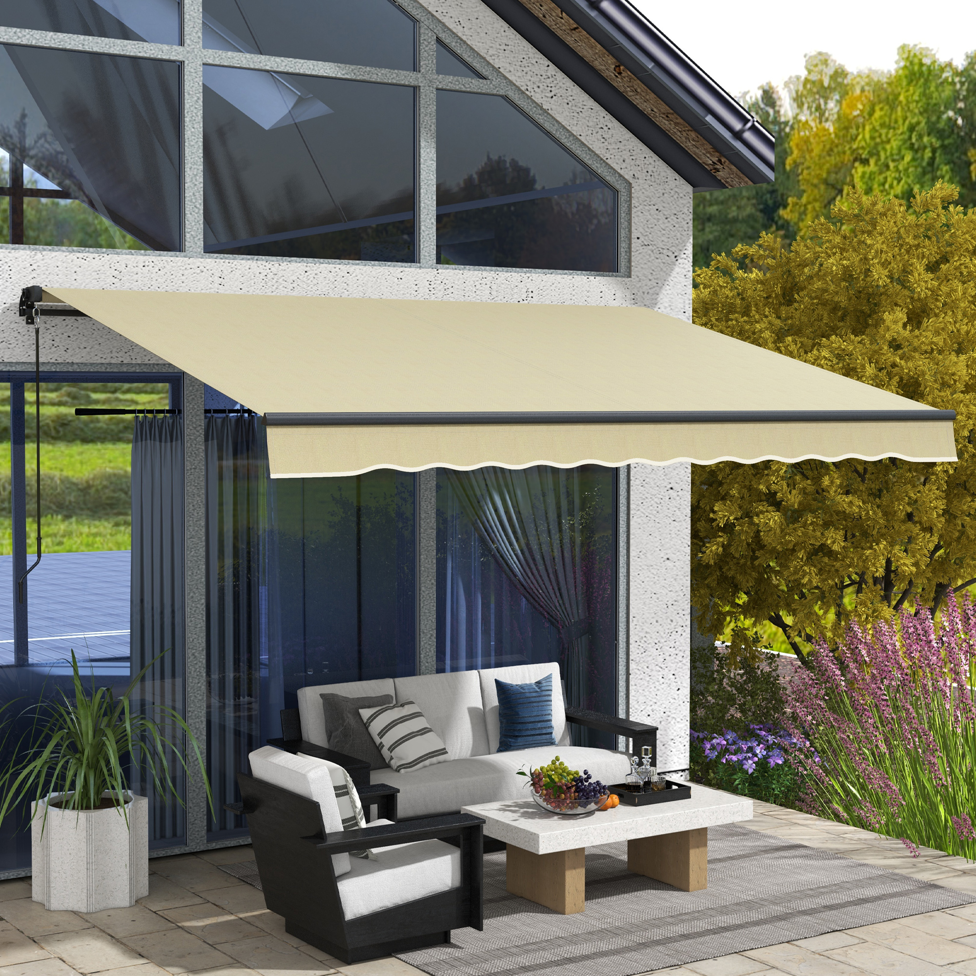12 x 10 Retractable Awning, 280gsm UV Resistant Sunshade Shelter for Deck, Balcony, Yard, Beige