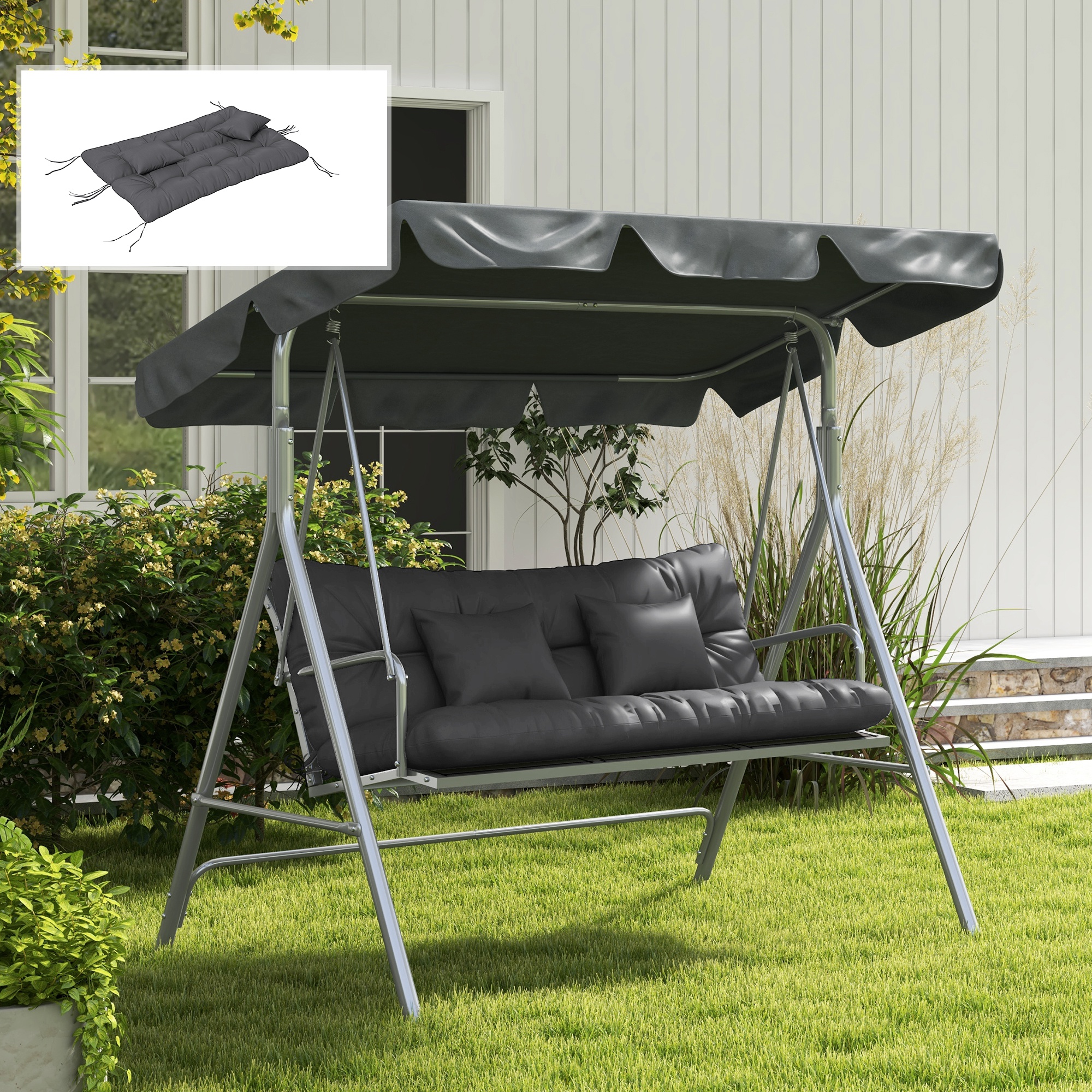  59" Tufted Bench Cushions & Throw Pillows, Replacement Bench Seat Pad, Back & 2 Pillows for Outdoor Furniture, Charcoal