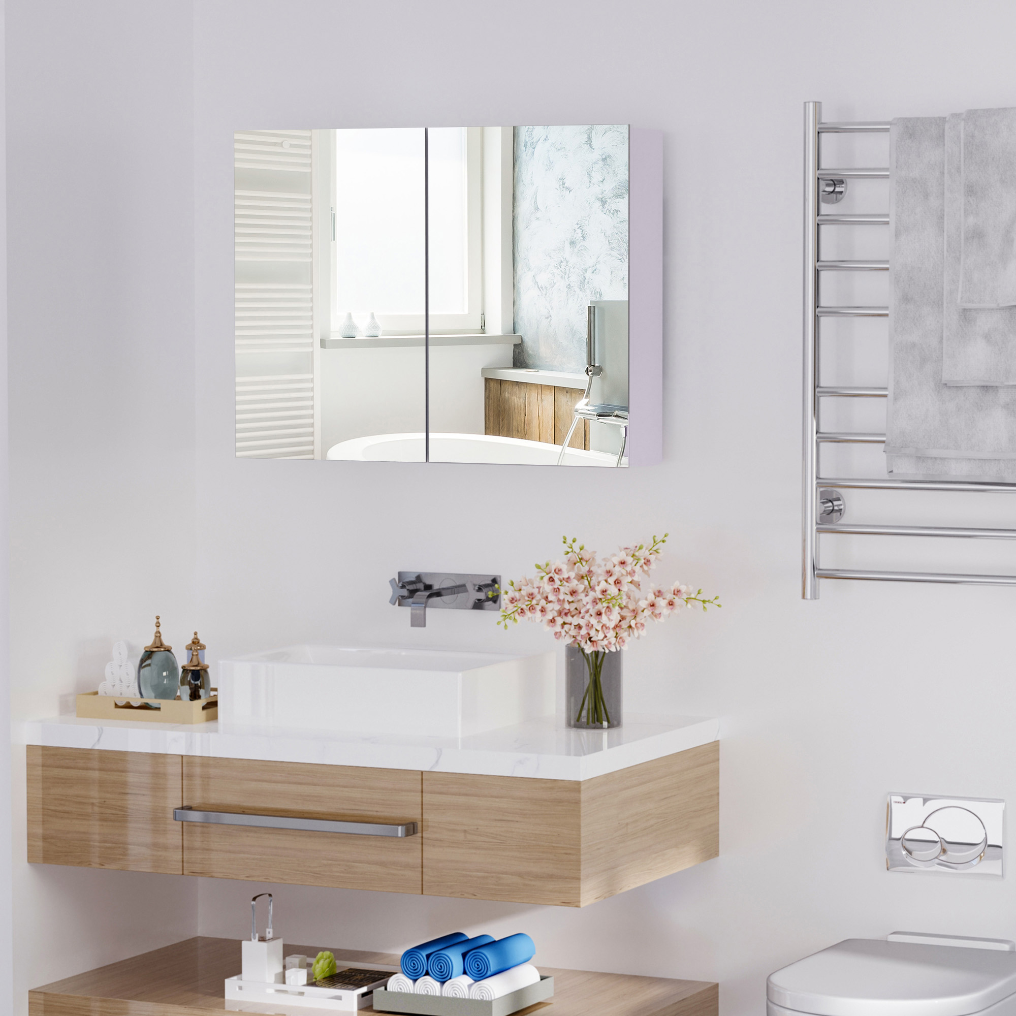  Double Door Wall Mounted Bathroom Mirror, 31.5" x 23.5" Medicine Cabinet with Modern Design, Large Storage, & Quiet Hinges