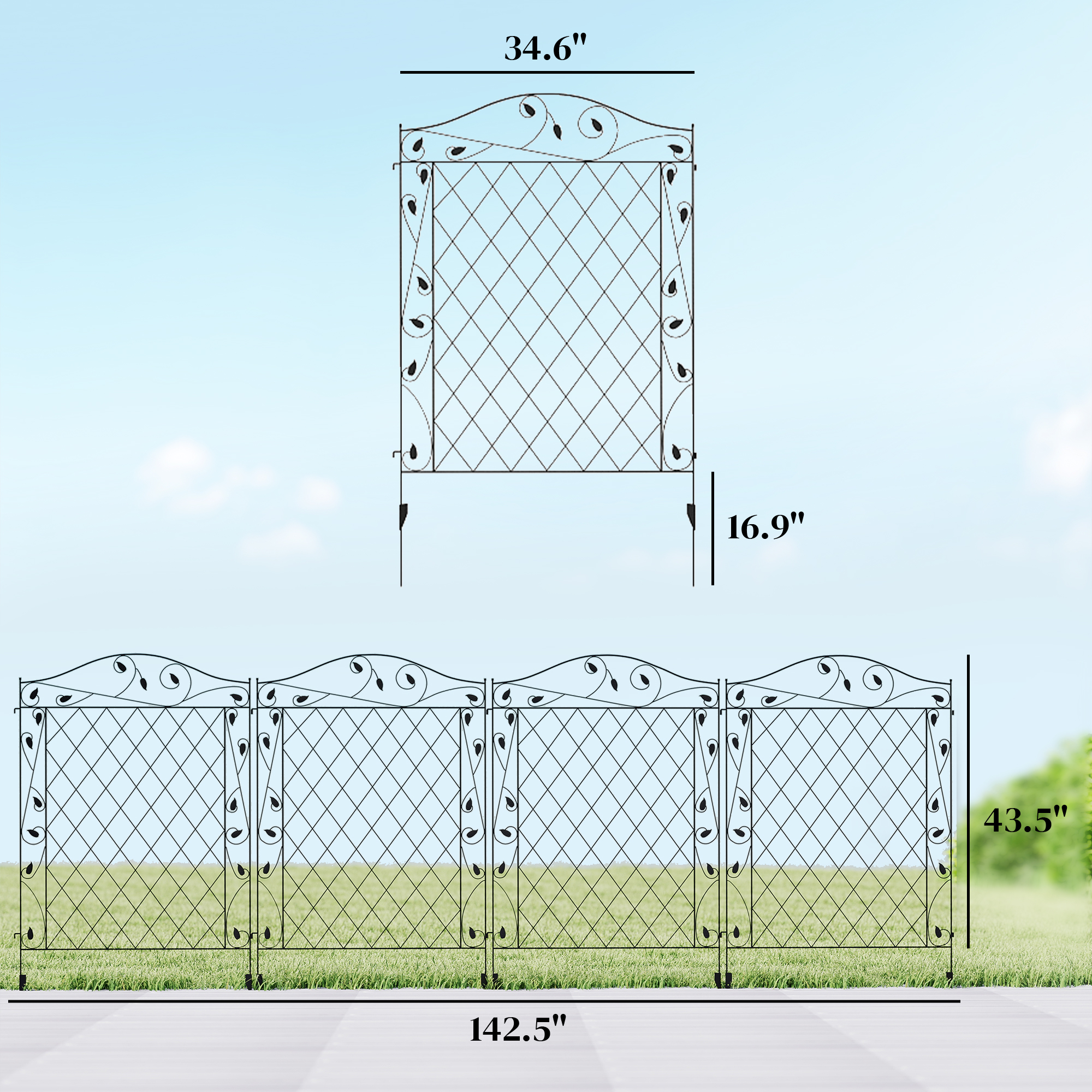 Garden Fence, 4 Pack Steel Fence Panels, 11.5′ L x 43″ H, Rust-Resistant Decorative Border Flower Edging for Yard, Landscape, Patio, Outdoor Decor, Wavey Vines