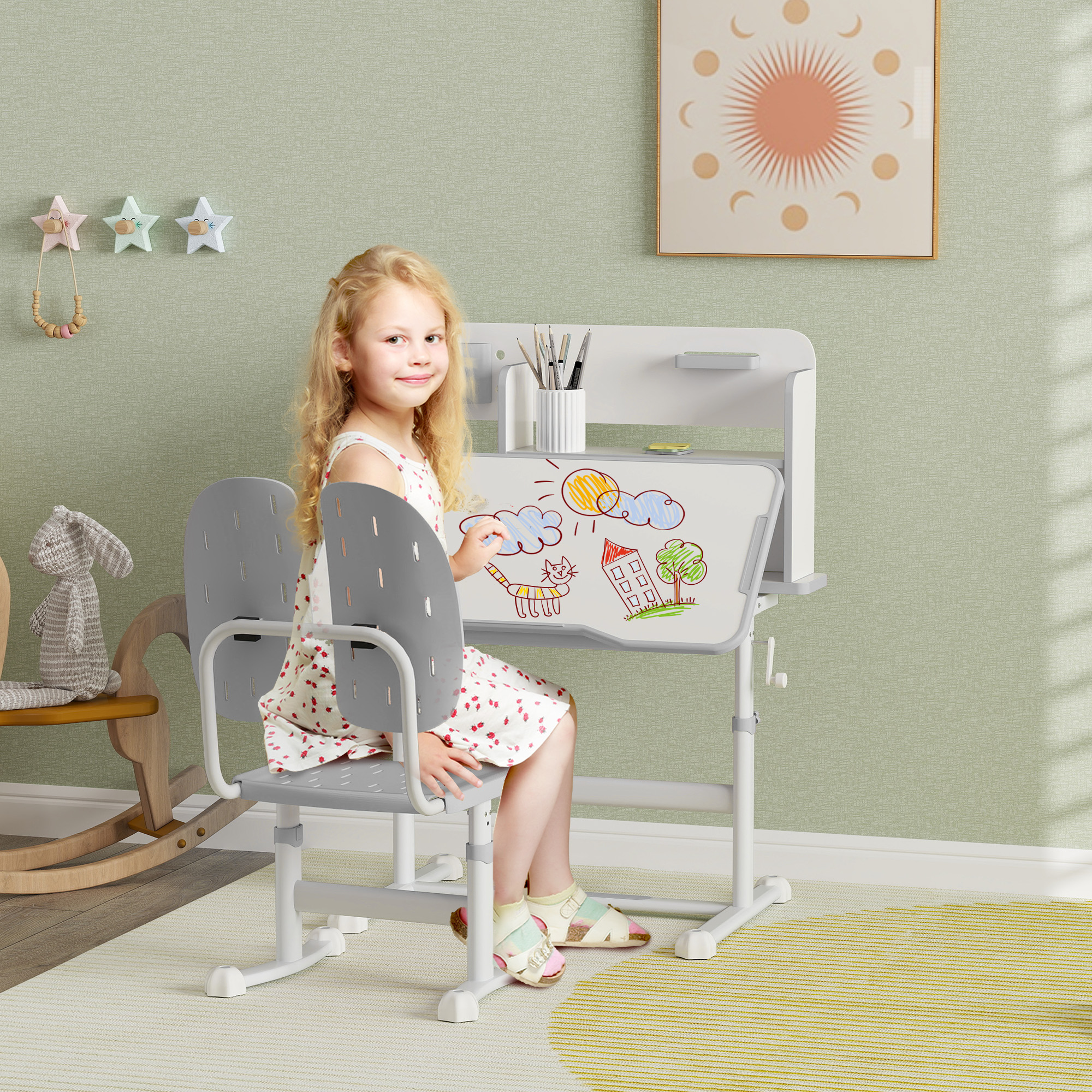 Height Adjustable Kids Desk And Chair Set, Children School Study With Tiltable — image 5
