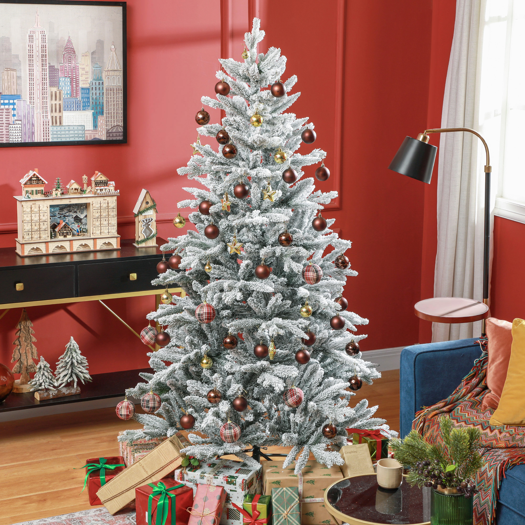  6ft Artificial Flocked Christmas Tree with Snow Tips, Easy Assembly, Hinged Xmas Tree for Home Office Holiday