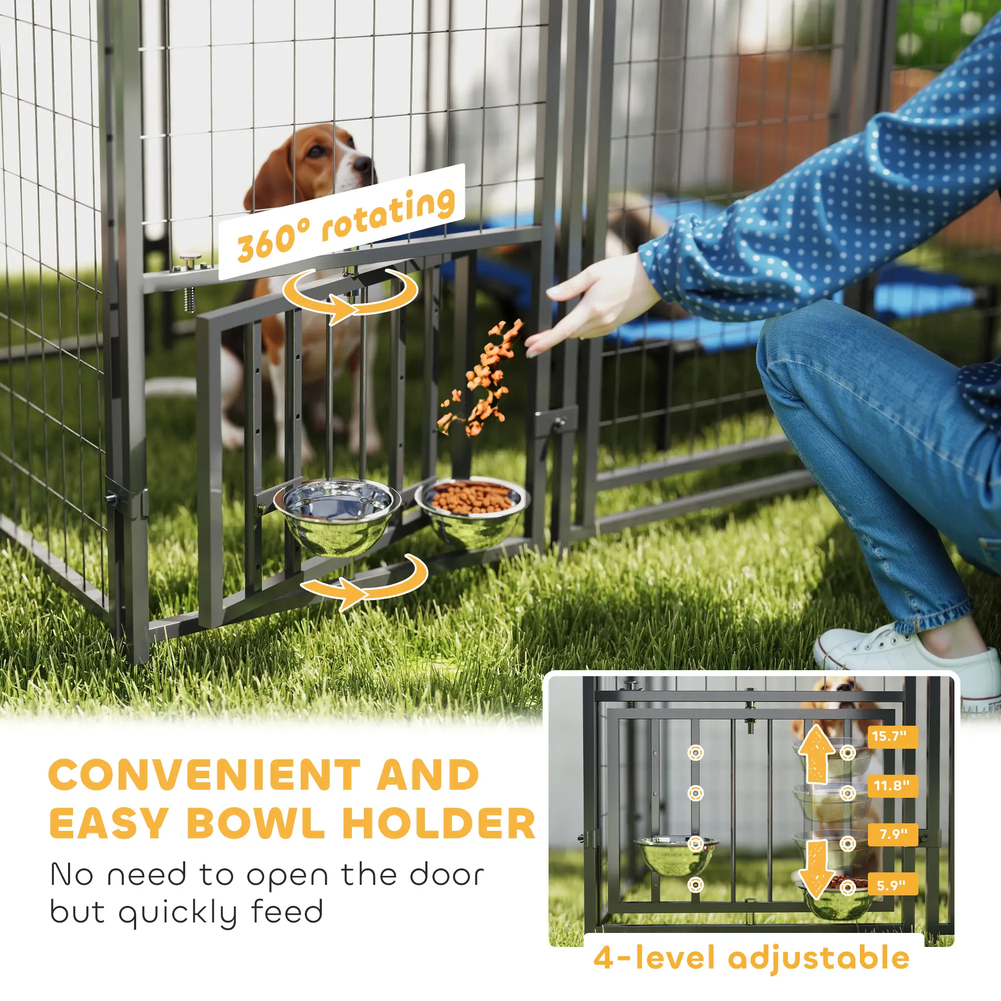 5.9 x 5.9 x 6 Outdoor Dog Kennel with Roof, Rotating & 4-Level Adjustable Bowls