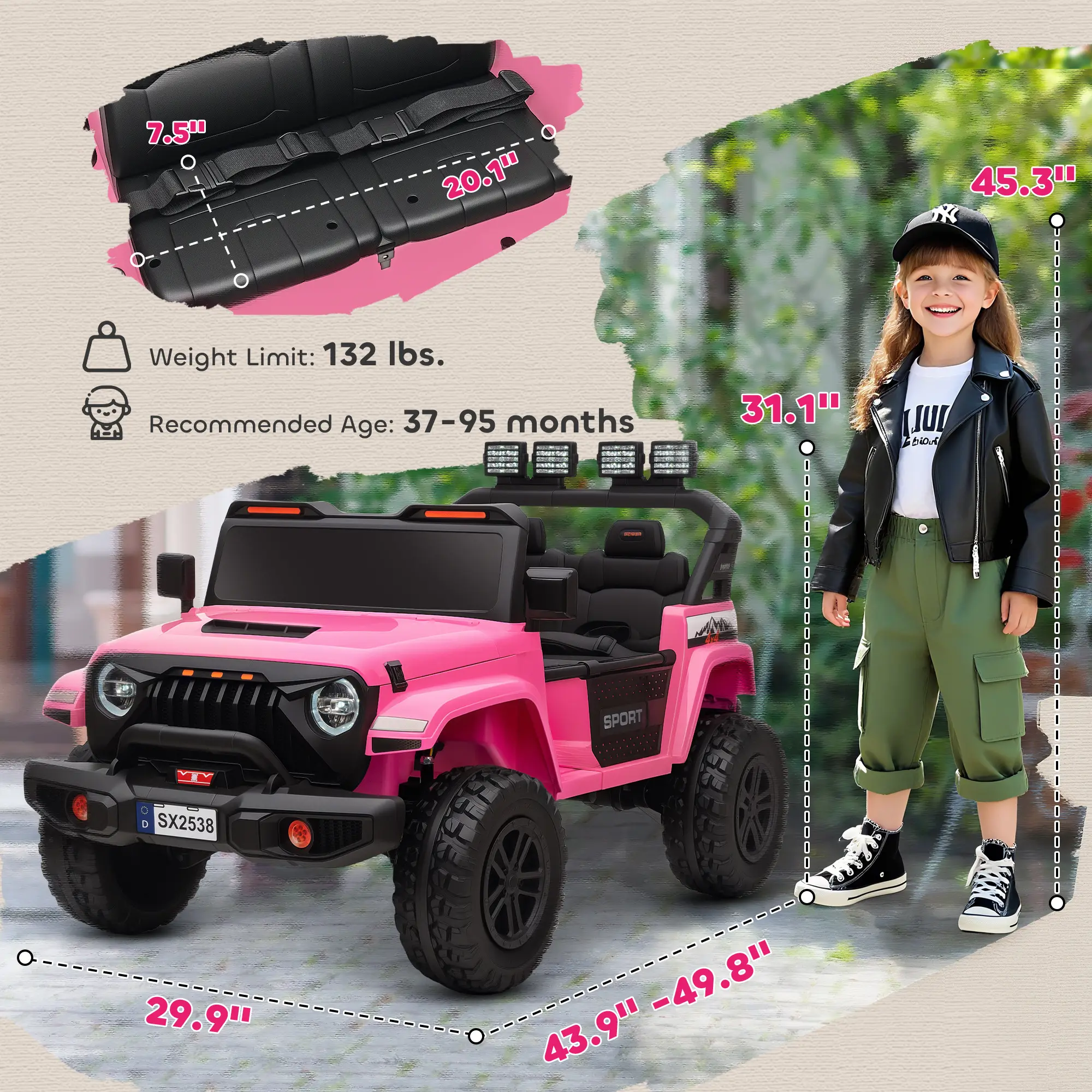 Ride on Truck Car with 2-Seater, 24V Electric Car with 4 Motors, Remote Control, Spring Suspension for 3-8 Years, Pink