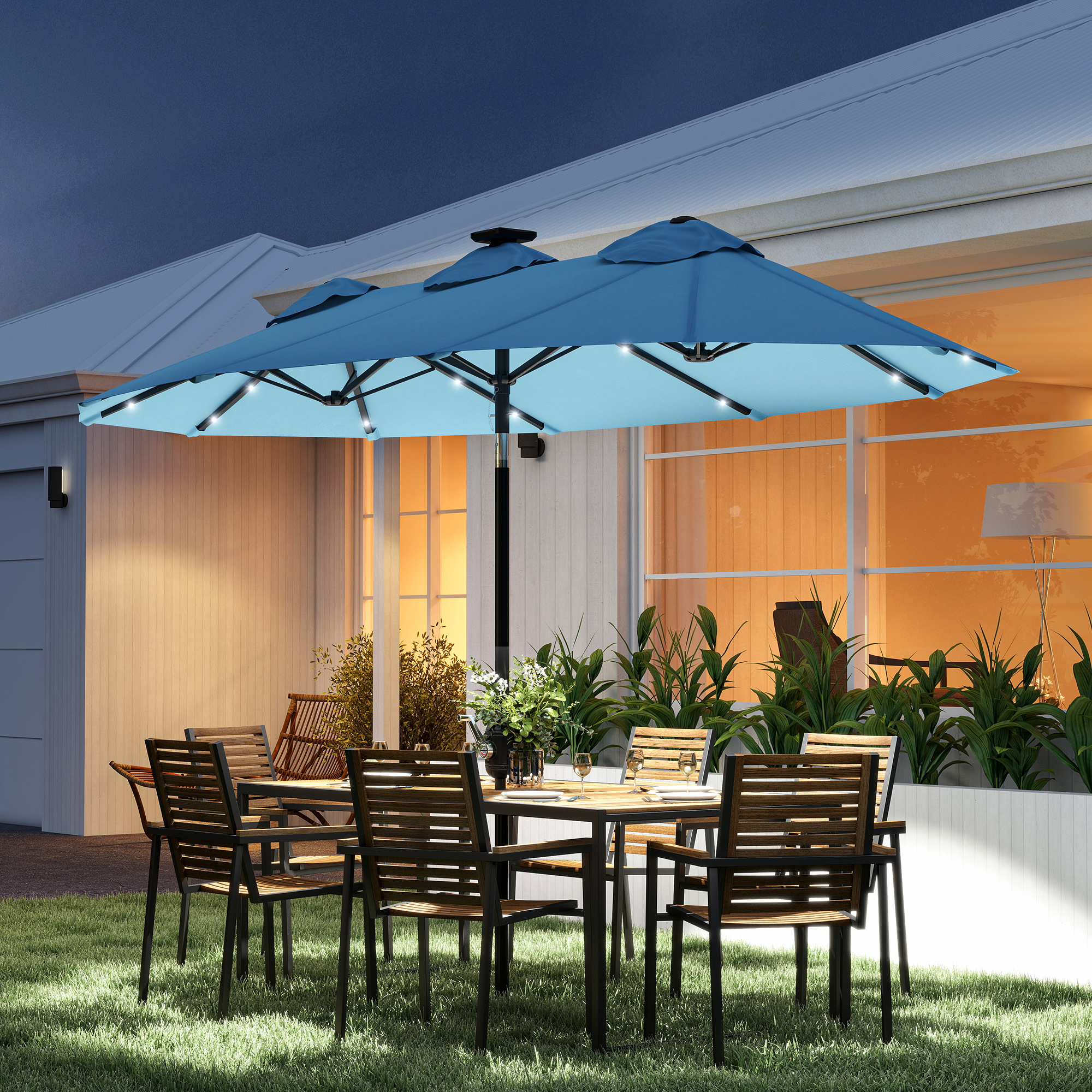 Double-sided Patio Umbrella, 9.7 Outdoor Umbrella with Tilt and Crank, LED Solar Light and 12 Ribs, Light Blue