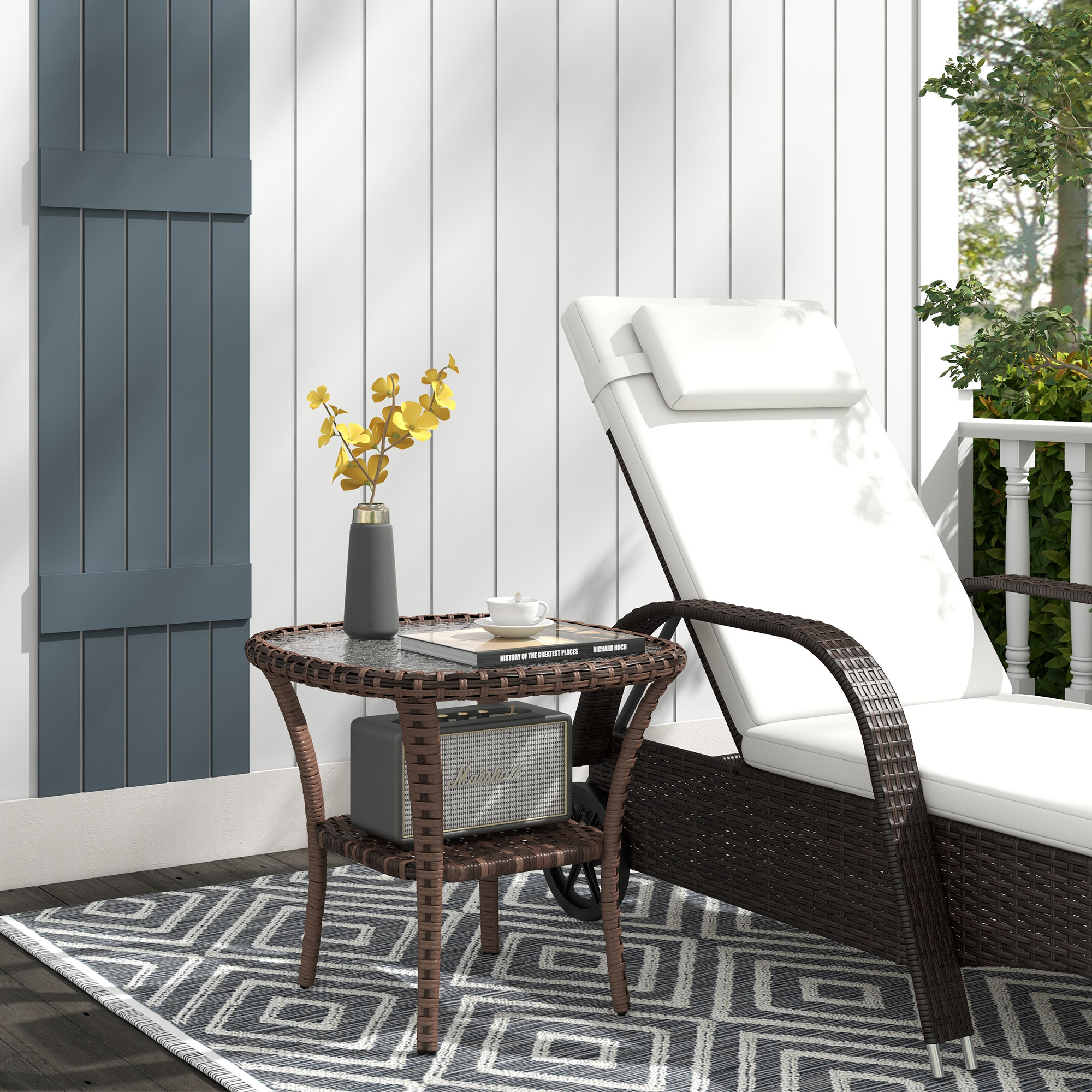 Outdoor Coffee Table with Storage Shelf, Hand-Woven Wicker Side Table with Water-Ripple Glass Top, Mix Brown