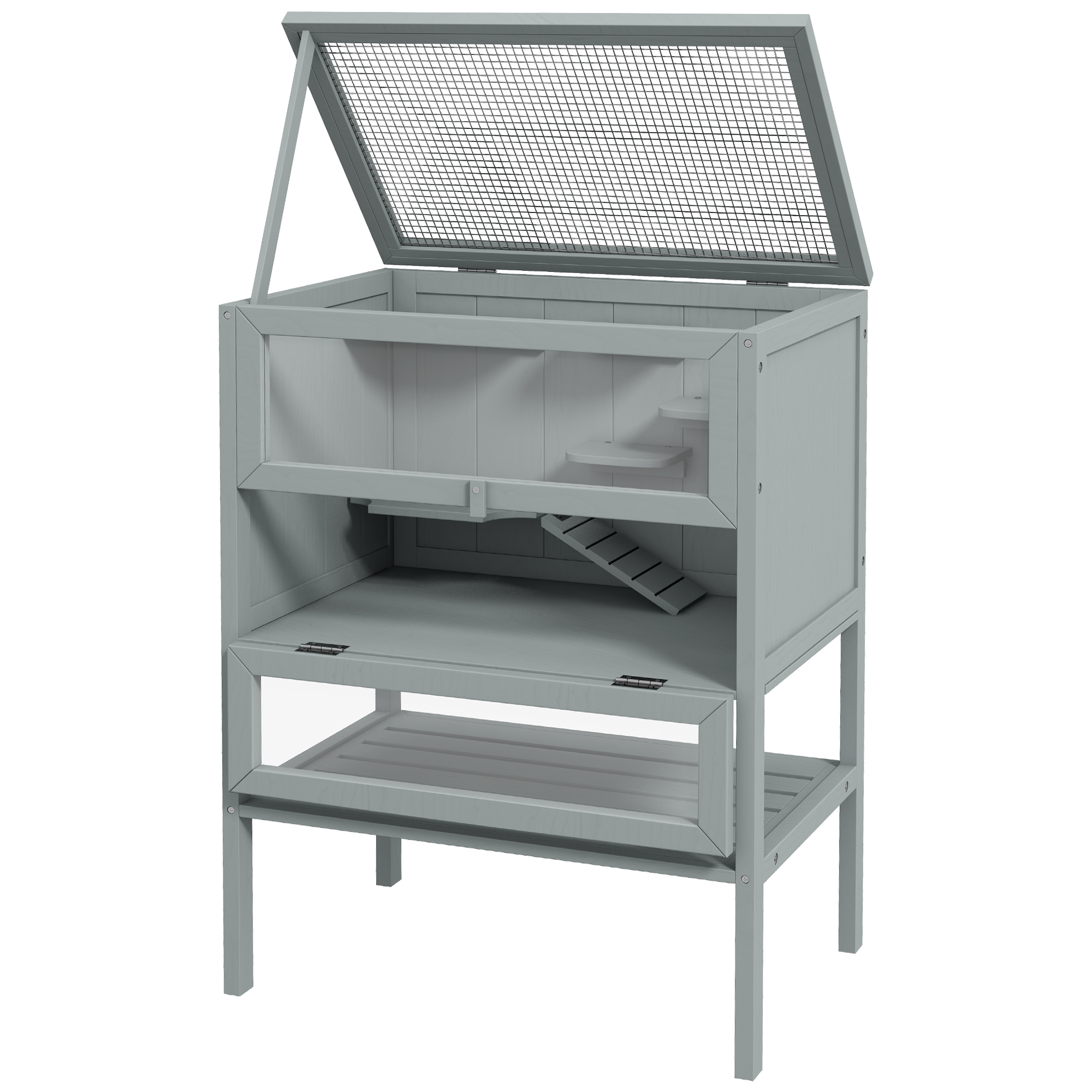  3-Tier Wooden Hamster Cage Mice and Rat Cage Small Animals Hutch with Openable Top, Front Door, Storage Shelf, Gray