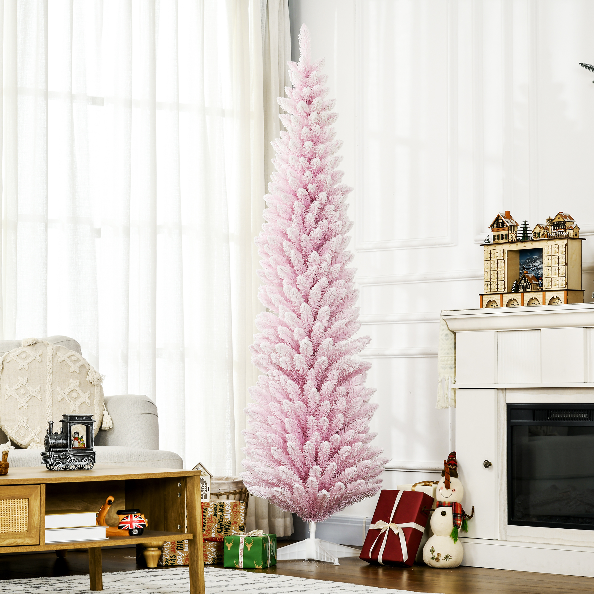  7' Decorated Christmas Tree Snow Flocked Artificial Christmas Tree with Pencil Shape, Realistic Branches, Pink