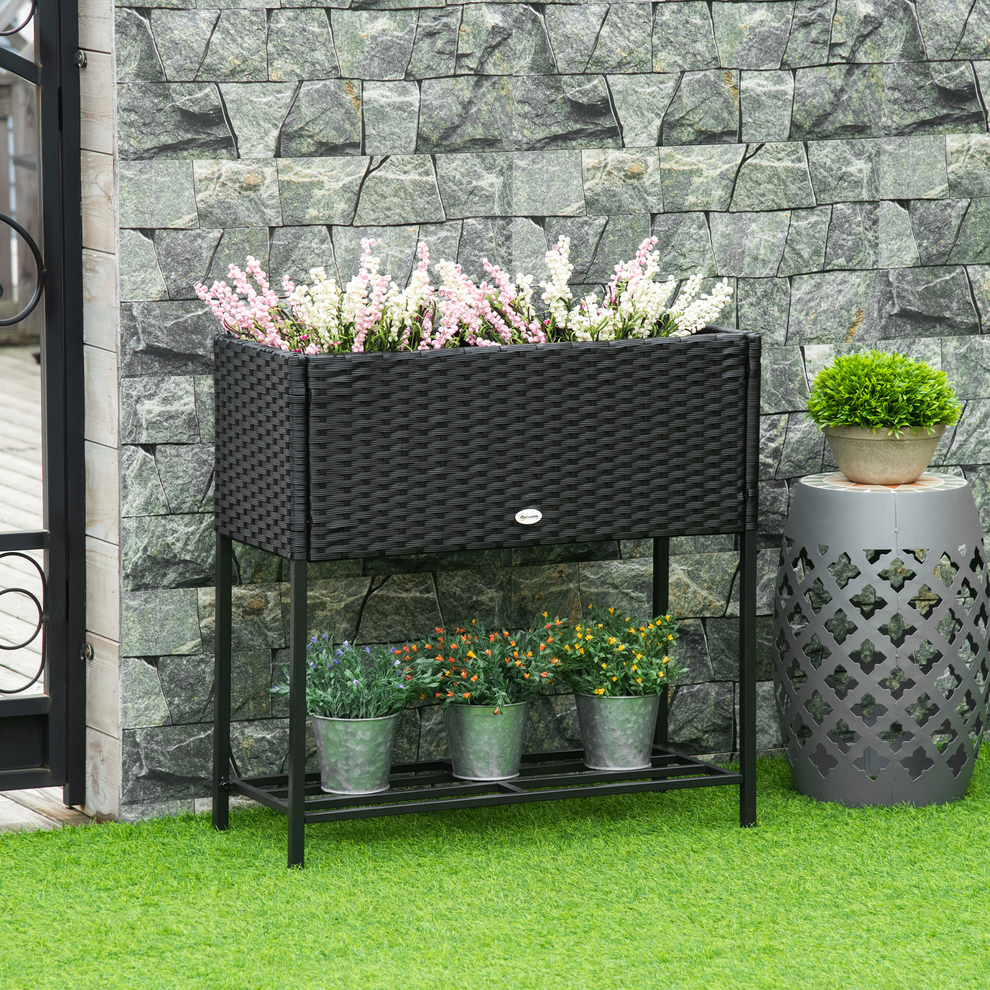 PE Rattan Wicker Raised Flower & Vegetable Planter, Rack Shelf Box