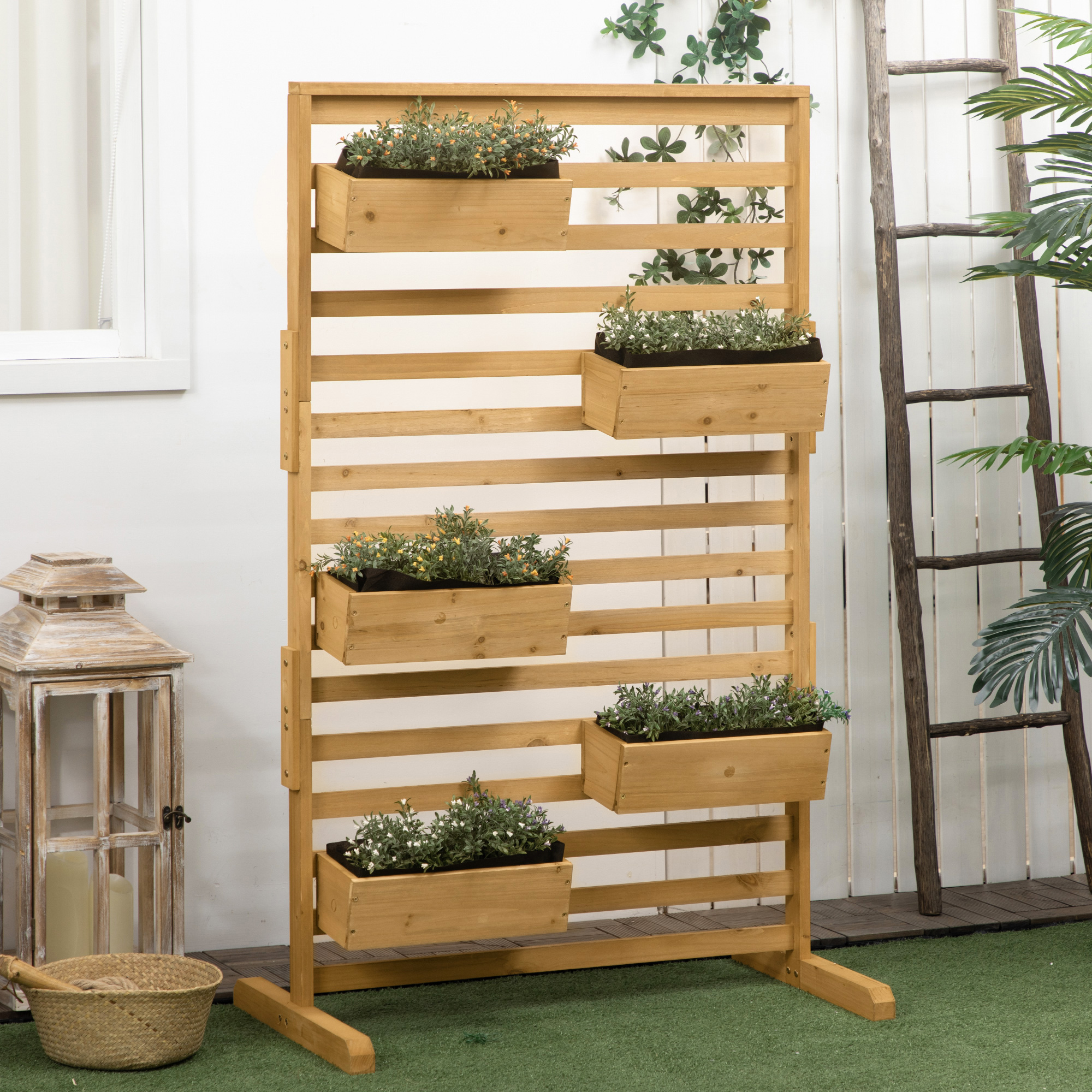 Wooden Plant Trellis Stand with 5 Hanging Planter Boxes, Freestanding Outdoor Plant Stand for Patio, Garden, Balcony, Porch