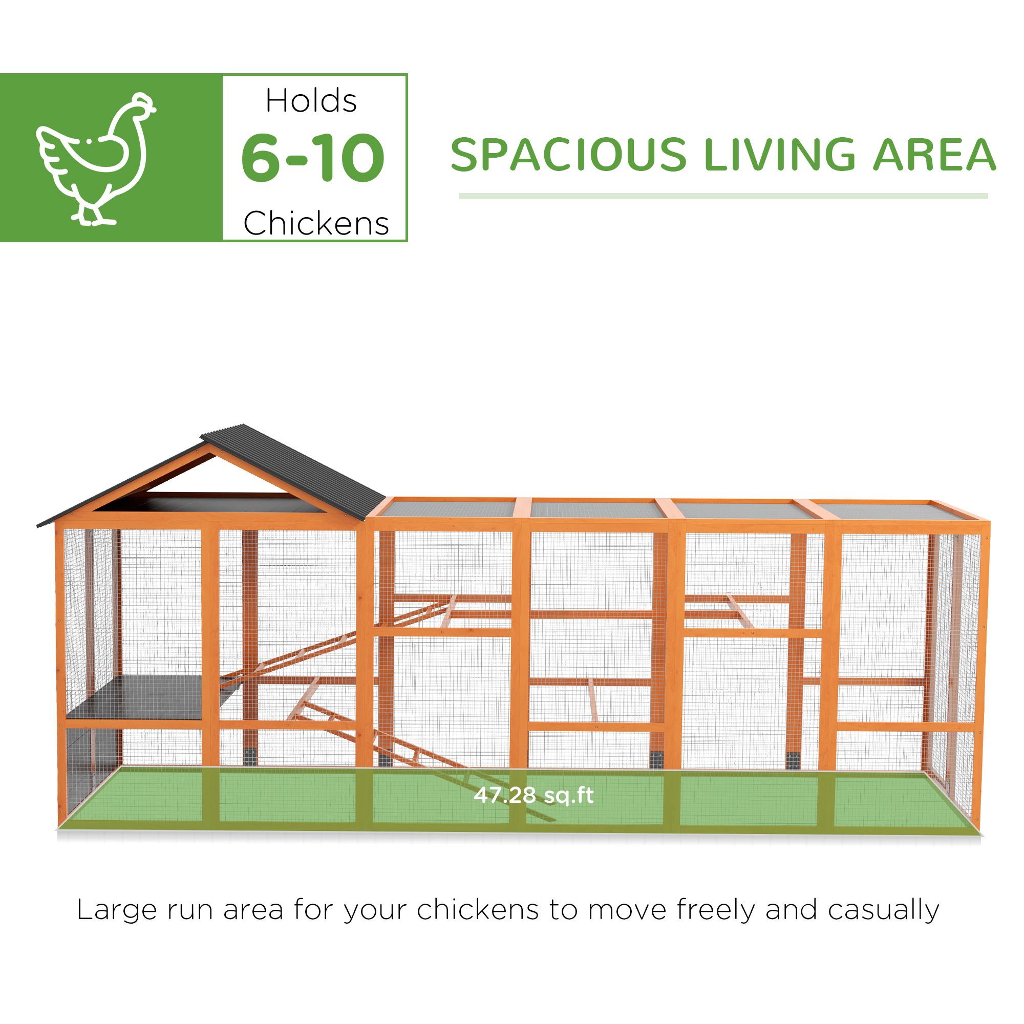  Wooden Chicken Coop Run for 6 - 10 Chickens, Hen House Add-On with Storage, Perches, 141.75" x 48" x 61", Orange