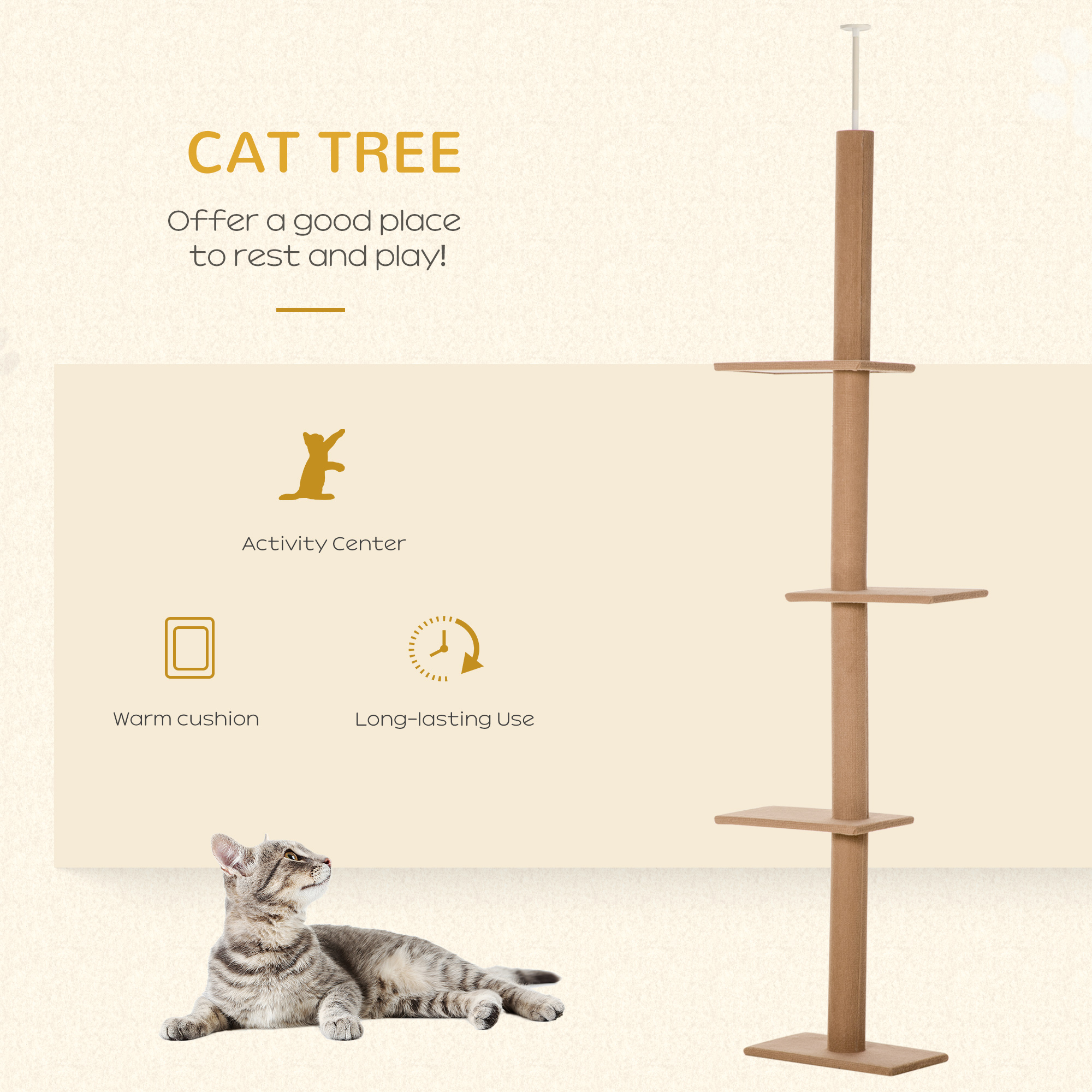  Floor-to-Ceiling Cat Tree Cat Climbing Tower with Sisal-Covered Scratching Posts Natural Cat Tree Activity Center for Kittens Cat Tower Furniture, Brown