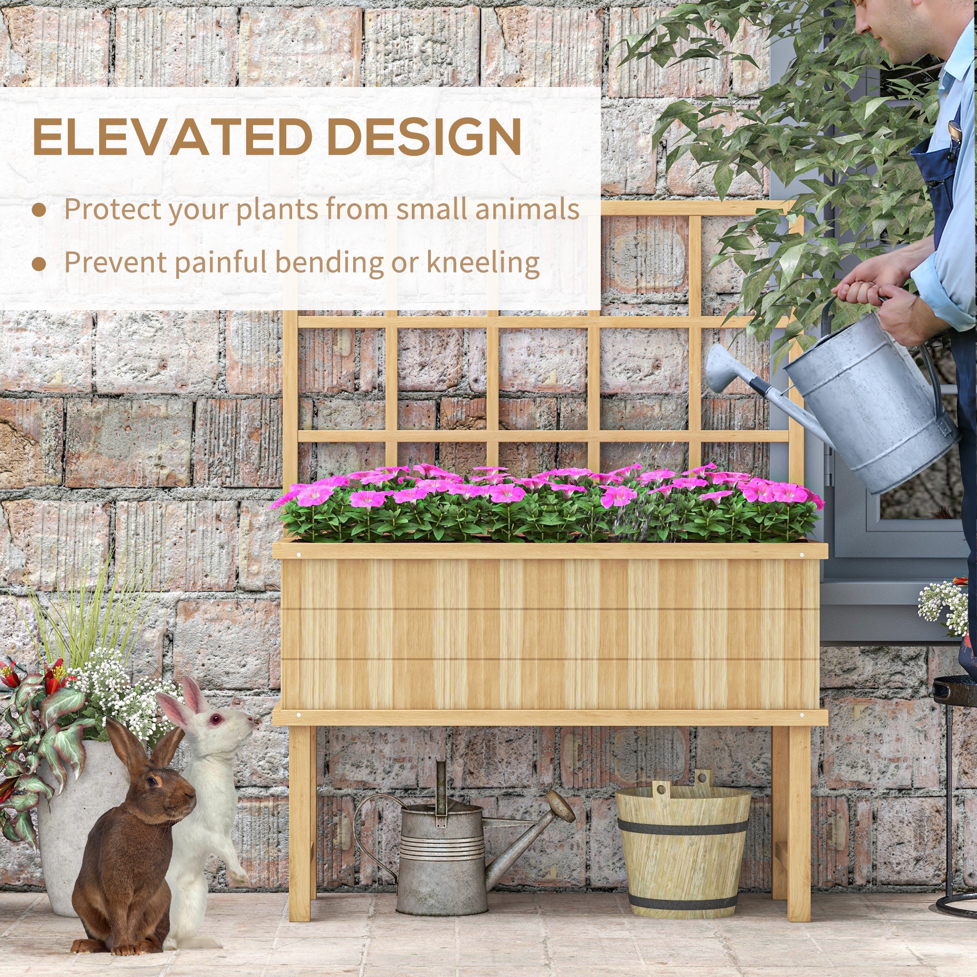 Full view of wooden garden planter with trellis filled with green climbing plants