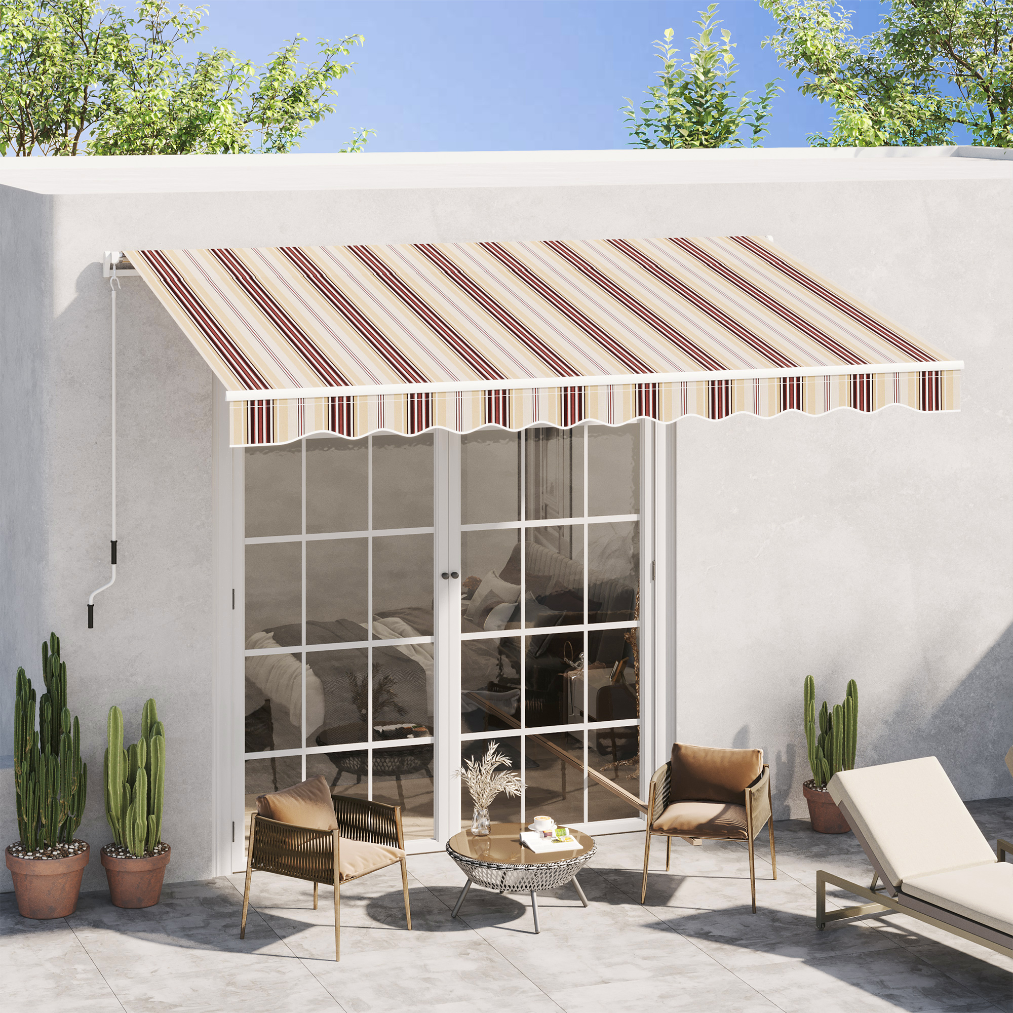10 x 8 Retractable Awning, Patio Awnings, Sunshade Shelter w/ Manual Crank Handle, UV & Water-Resistant Fabric and Aluminum Frame for Deck, Balcony, Yard, Red & Beige