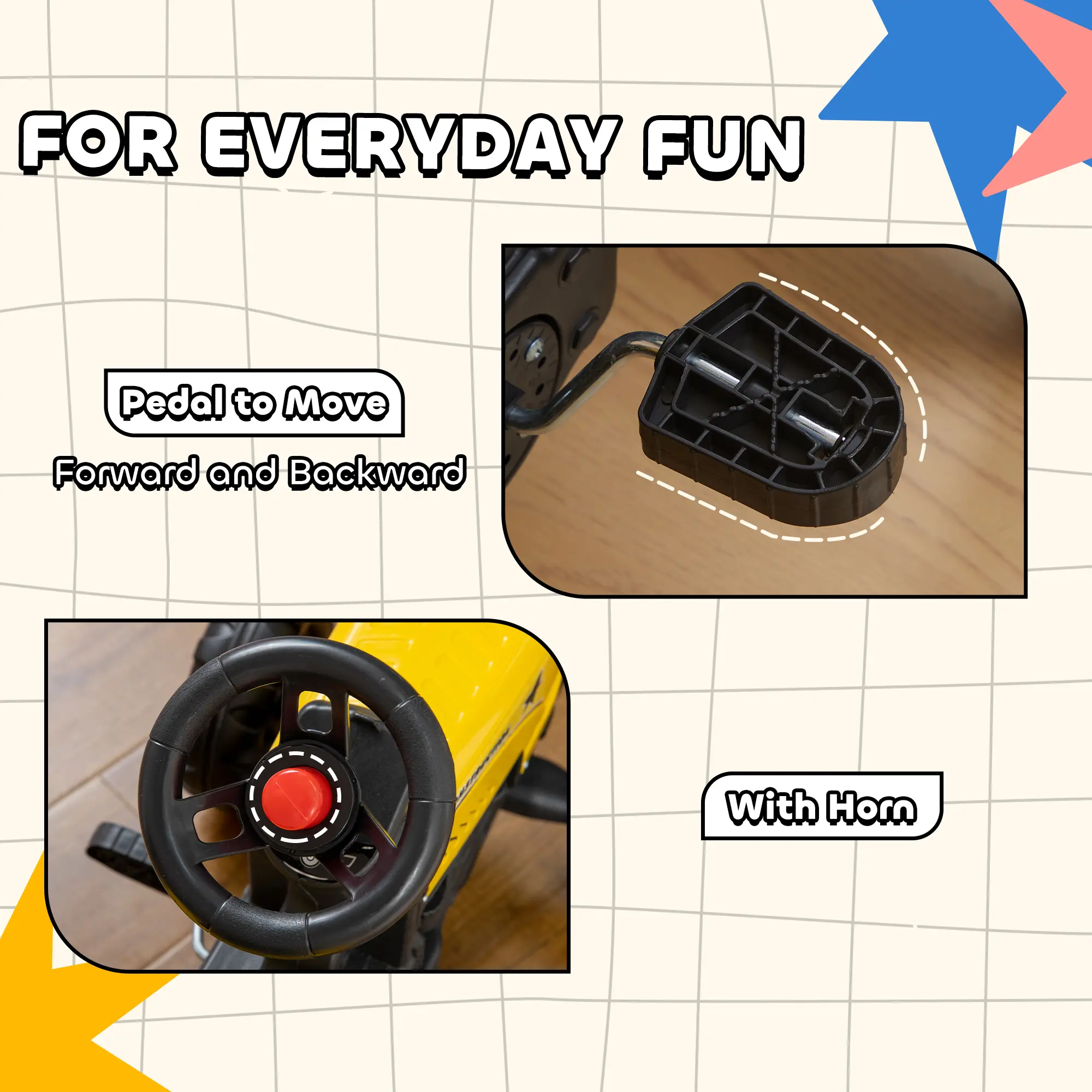 Kids Ride on Tractor with Back Trailer, Shovel & Rake, Horn, Pedal Go Kart for 3 Years Old, Yellow