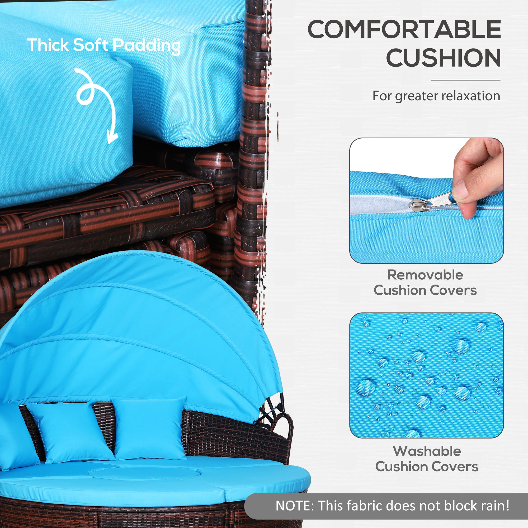  4-Piece Round Convertible Daybed with Cushions, Outdoor PE Rattan Patio Wicker Sofa Set, Sunbed with Adjustable Sun Canopy, Sectional Sofa, 2 Chairs, Table, 3 Pillows, Blue