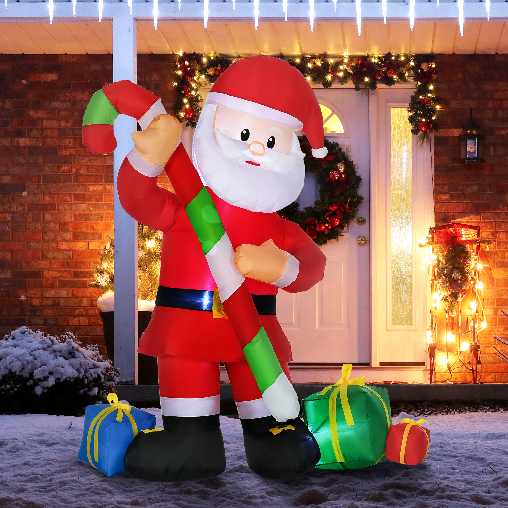  6ft Christmas Inflatables Outdoor Decorationss Decorations Santa Claus with Candy Cane, Blow-Up LED Yard Christmas Decor