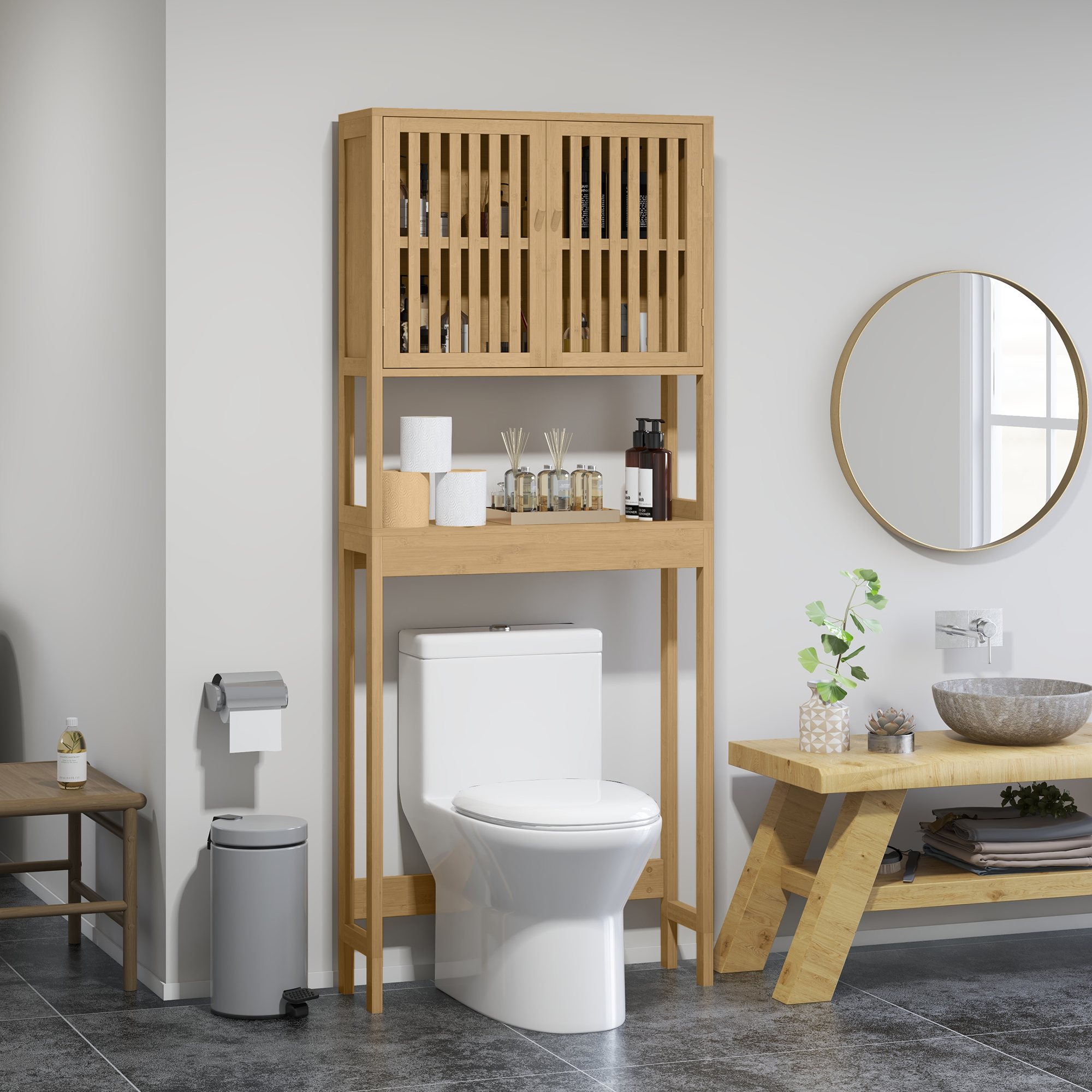 Over the Toilet Cabinet, Bamboo Bathroom Above Toilet Storage with Slatted Doors and Adjustable Shelf, Natural
