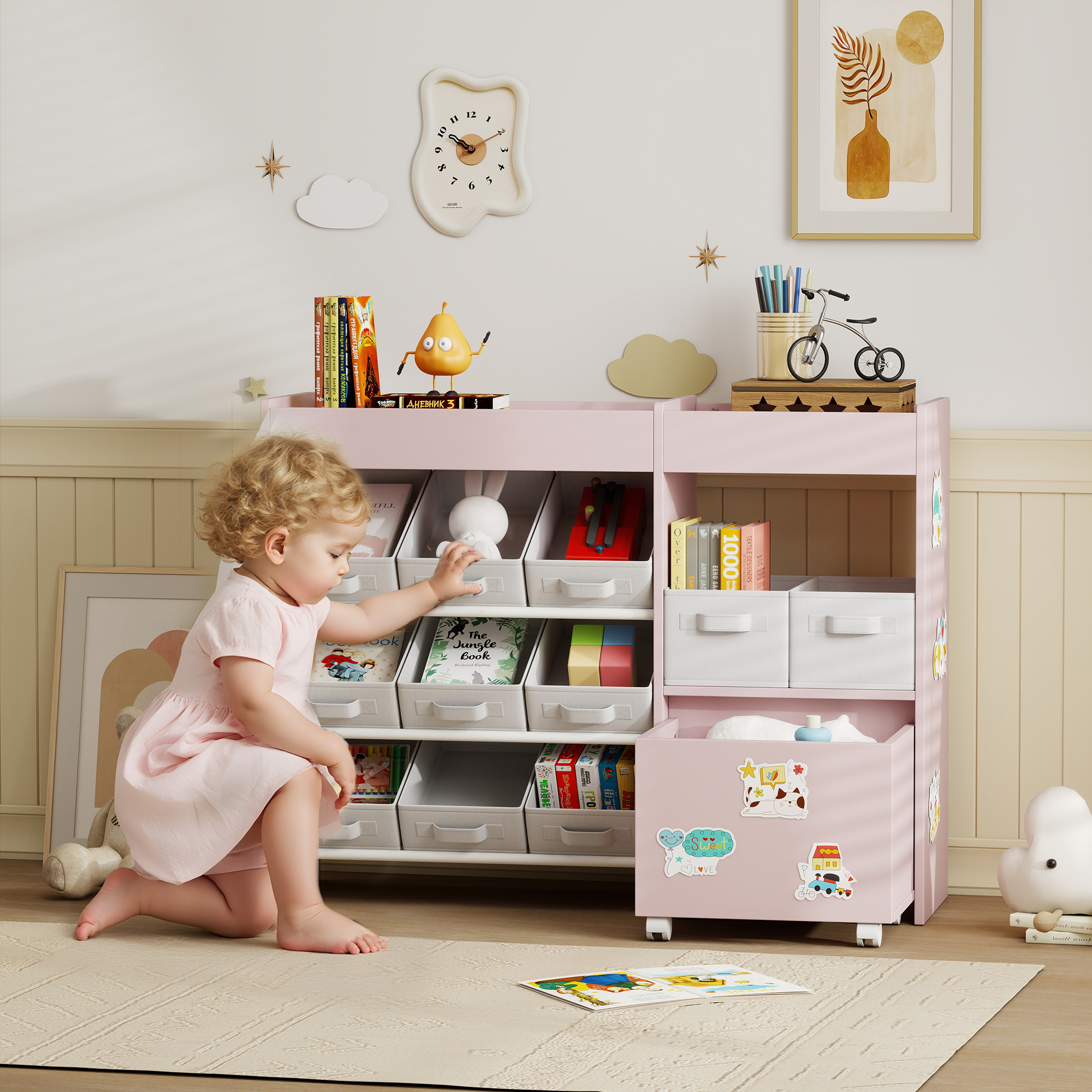 Kids Toy Storage Unit With 11 Bins, Cabinet, Top Shelves, 3 Stickers — image 5