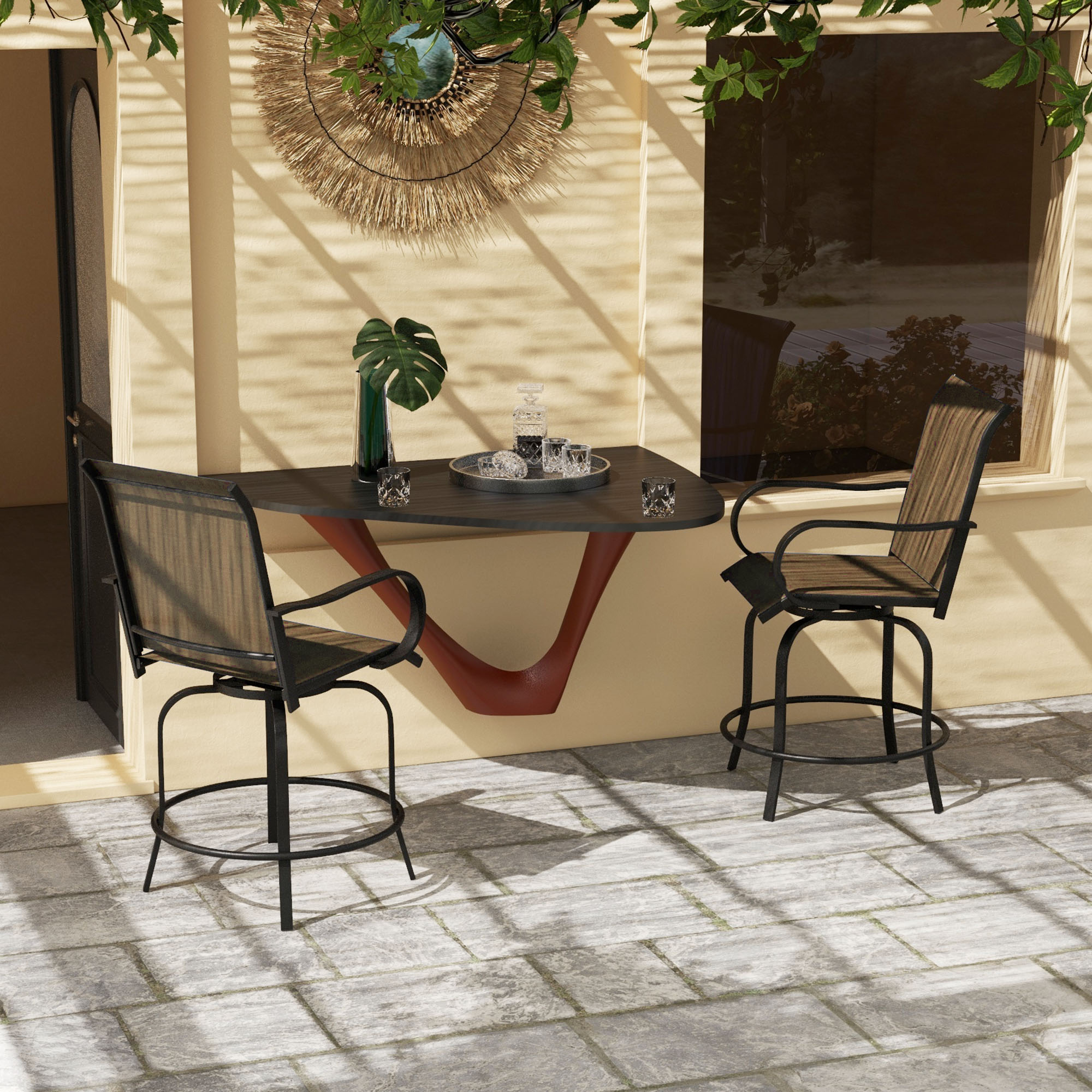 Outdoor Bar Stools Set of 2, 360° Swivel Bar Height Chairs, 26.75″ x 29.5″ x 48.5″, Tan