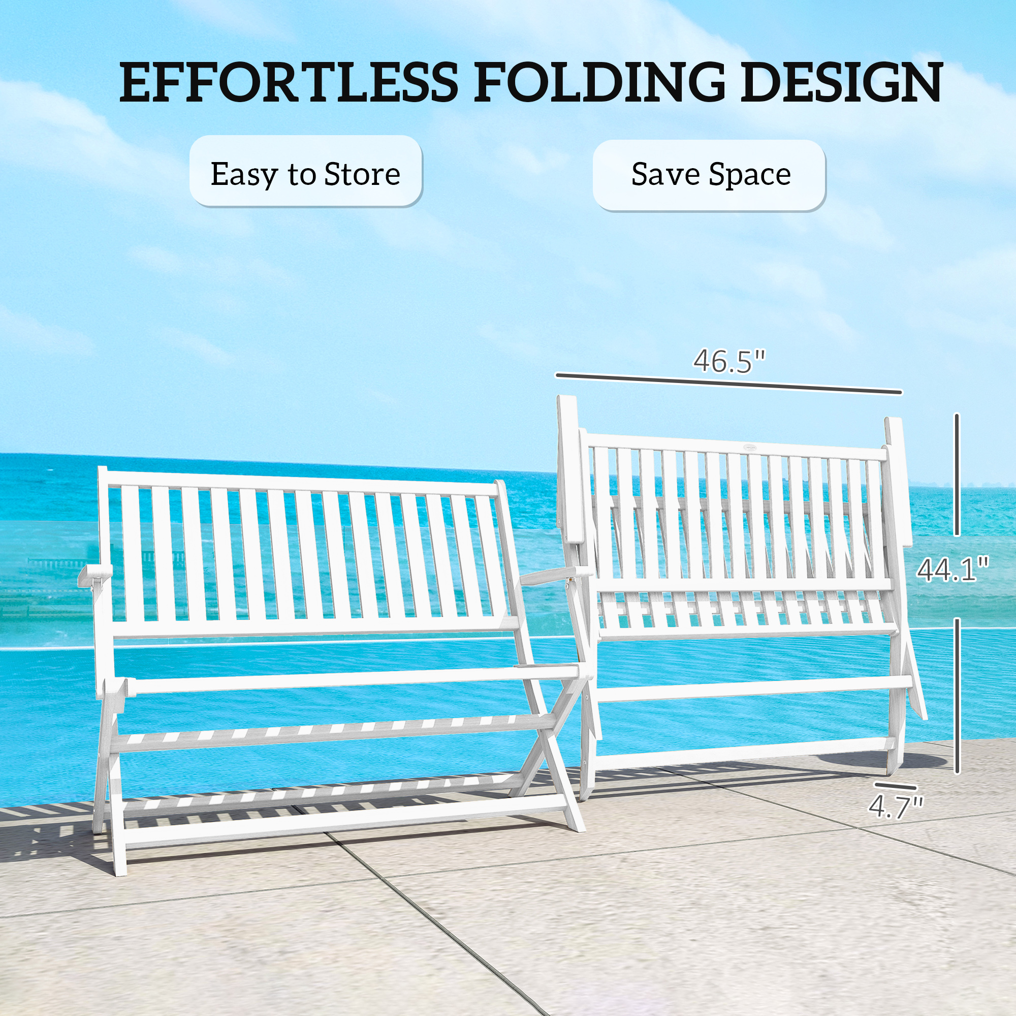 2-Person Foldable Wood Outdoor Bench with Backrest and Armrests for Garden, Porch, Park, Balcony, White