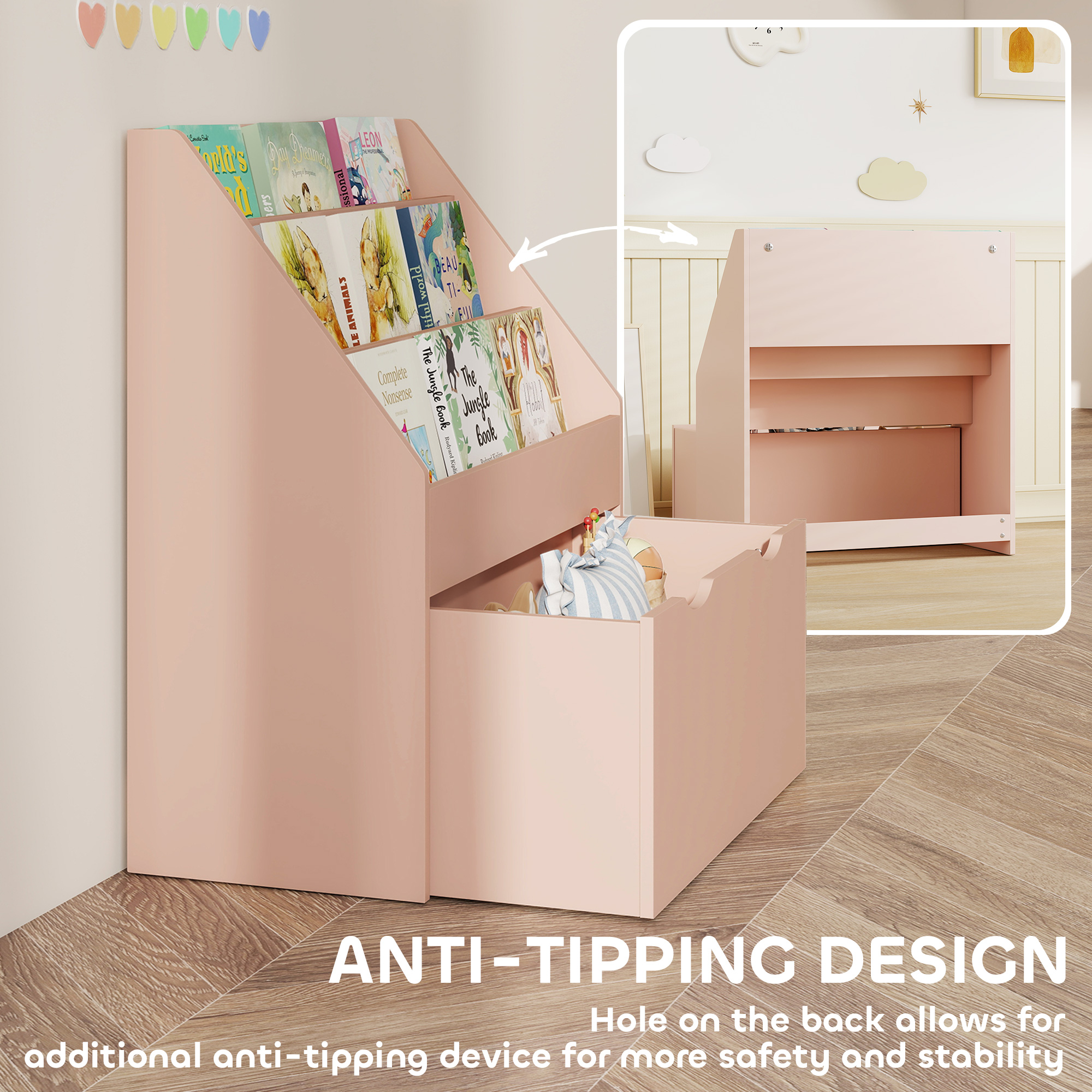 Bookcase For Kids With Shelves, Drawer, Bedroom, PlayroomPink — image 2