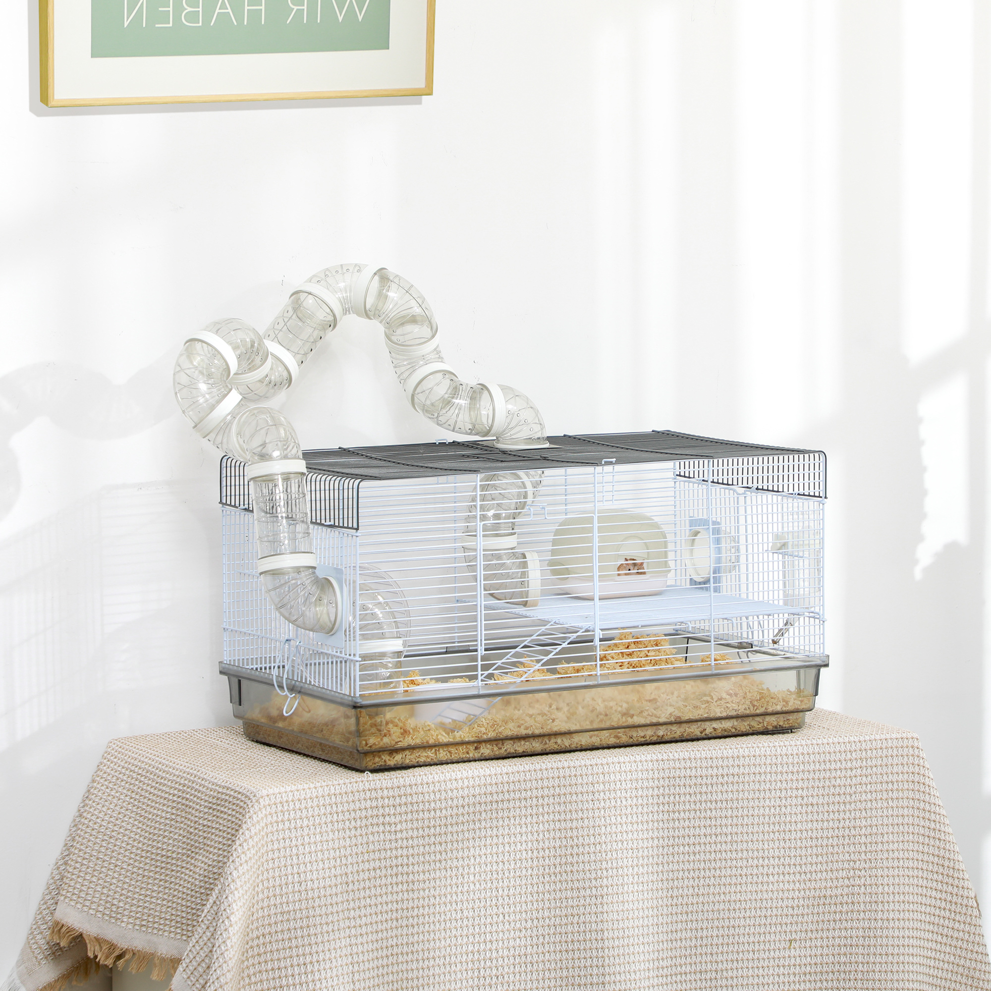  Small Animal Cage for Gerbil or Dwarf Hamster w/ Tubes, Exercise Wheel, Food Dish, Water Bottle, 23" x 13" x 12", Gray