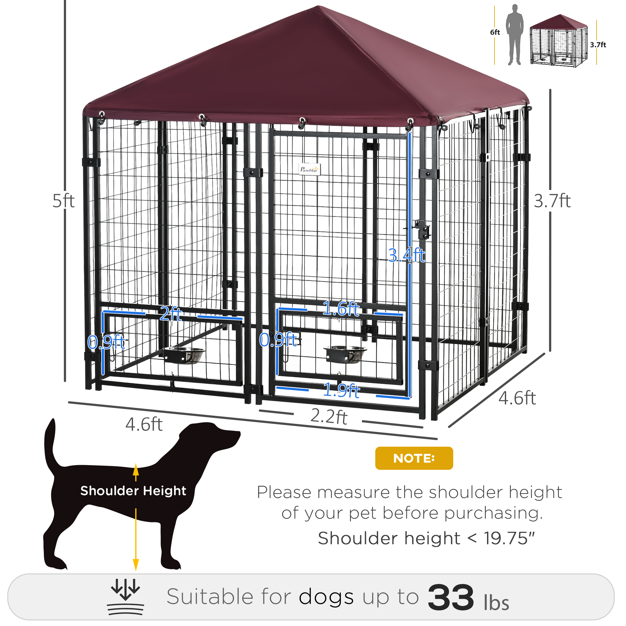  Outdoor Dog Kennel with Rotating Bowl Holders, Pet Playpen with Waterproof Cover, 4.6' x 4.6' x 5', Red