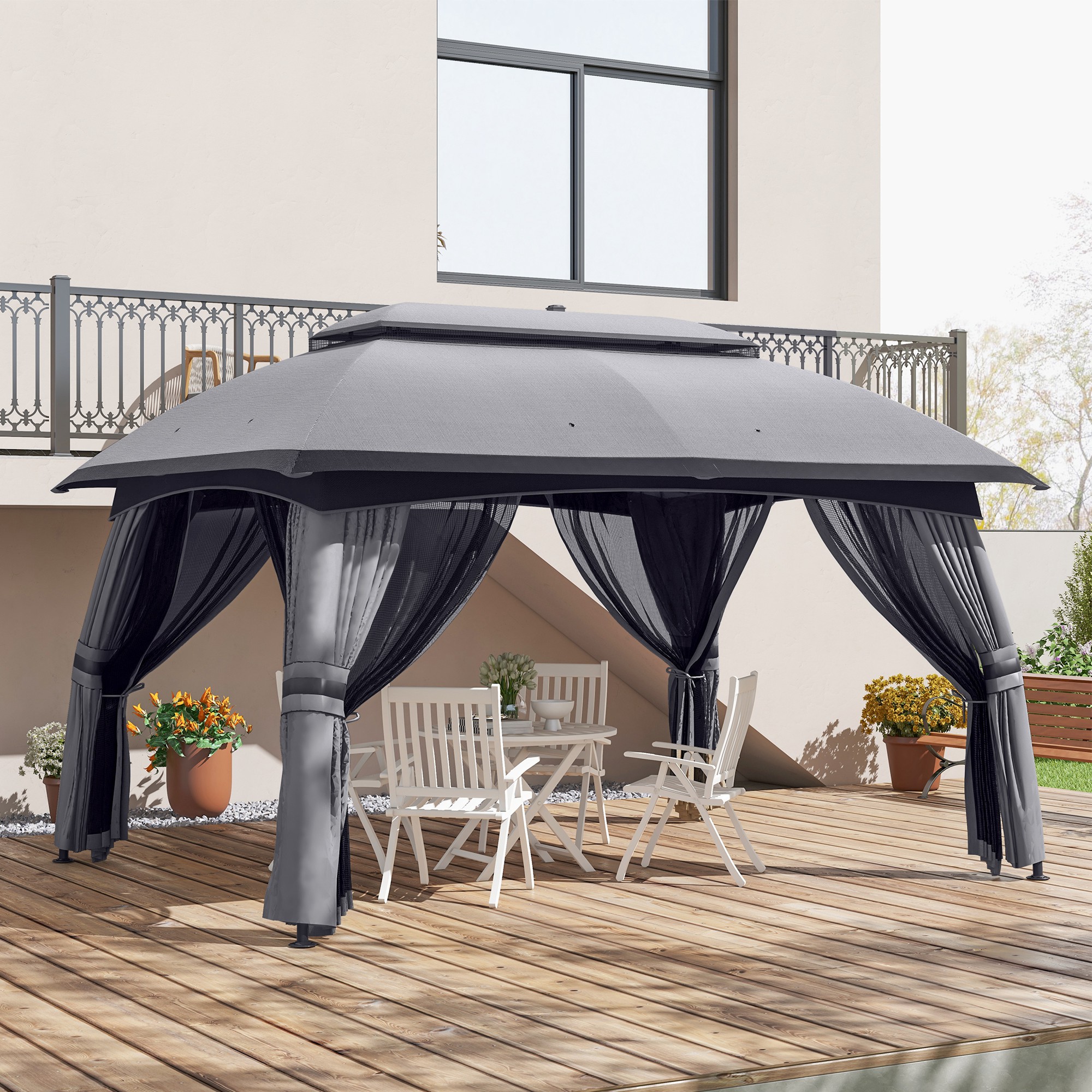 10′ x 13′ Patio Gazebo, Outdoor Gazebo Canopy Shelter with Netting, Vented Roof for Garden, Dark Gray