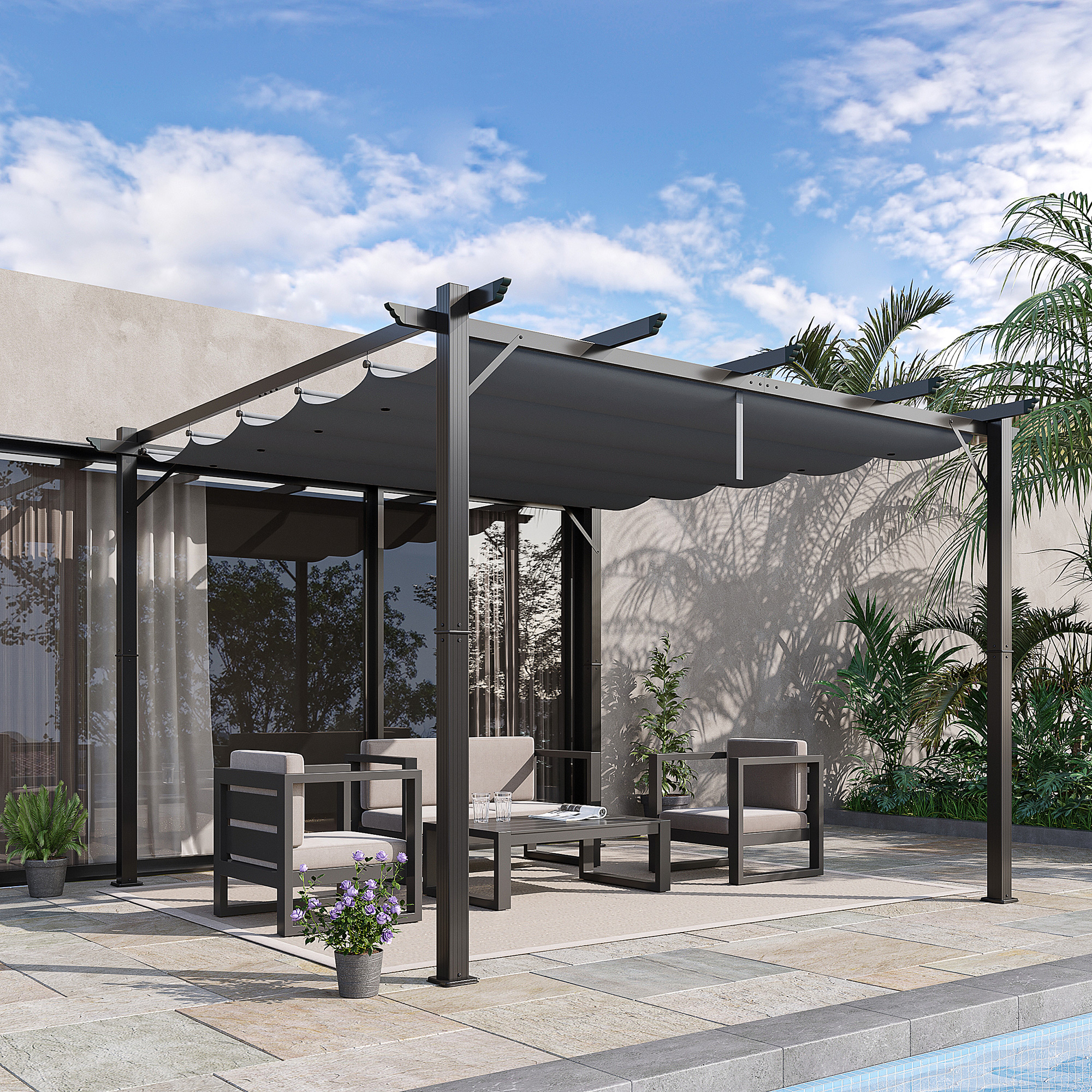 10 x 10 Outdoor Retractable Pergola Canopy, Aluminum Patio Pergola, Backyard Shade Shelter for Garden & Parties, Gray