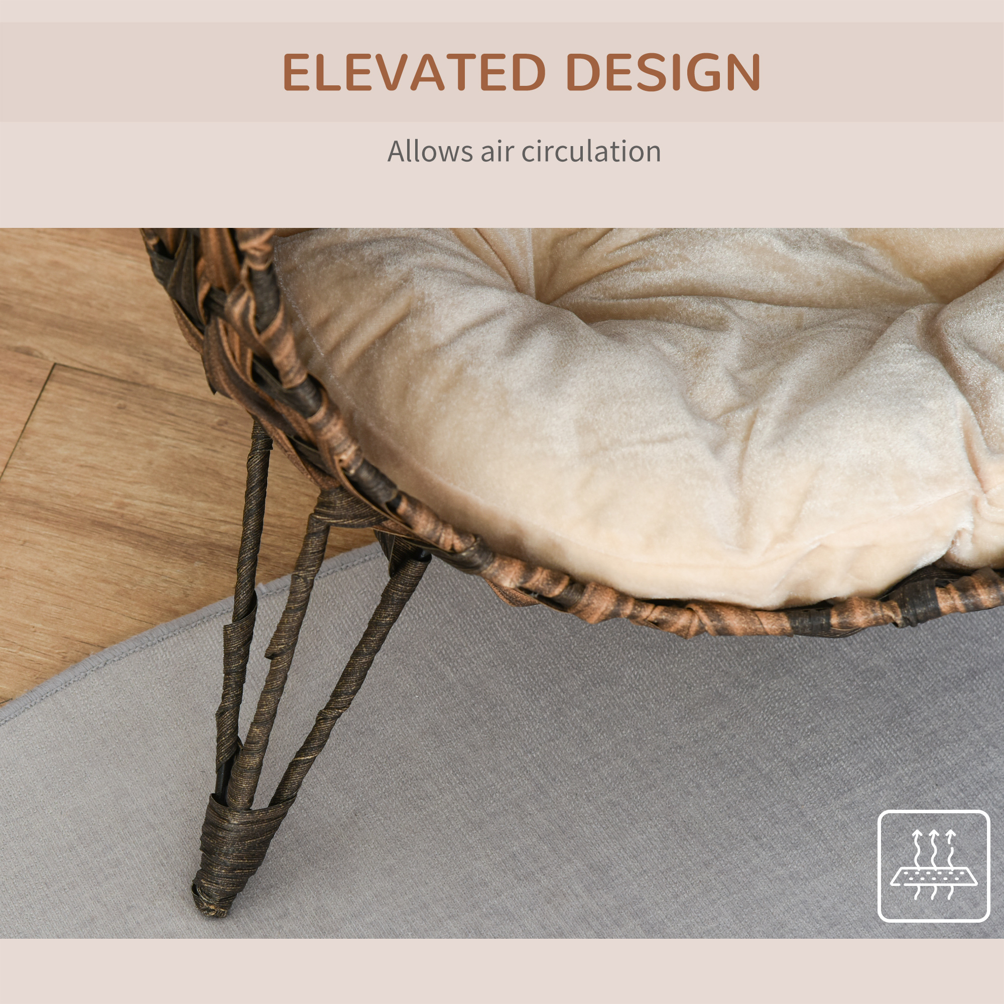  20.5" Weaved Cat Bed, Elevated Hand-woven Braided Banana Leaf Kitten House Condo with Cushion, Brown