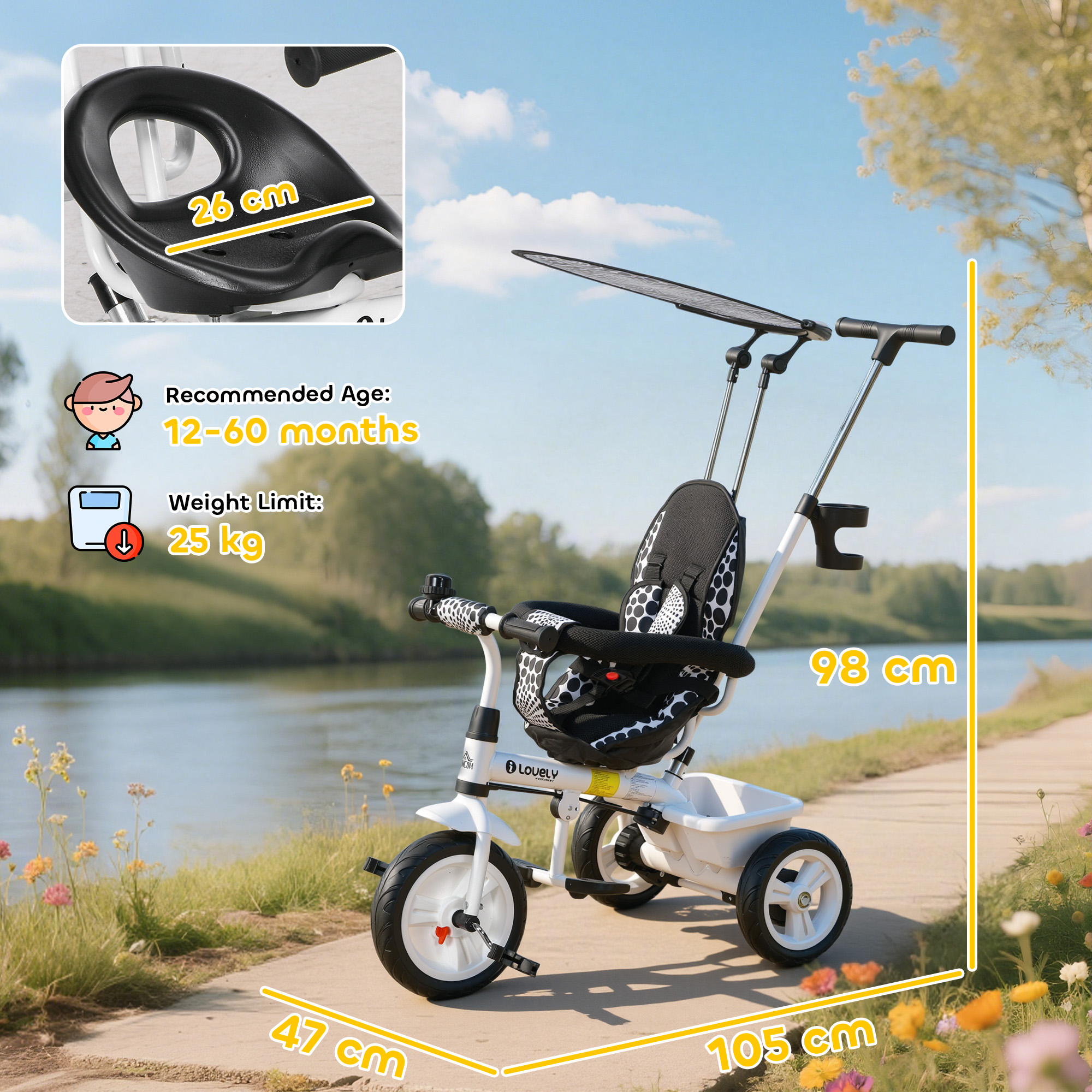 6 In 1 Tricycle For Kids With 5-point Harness Straps, Removable Canopy, White — image 5