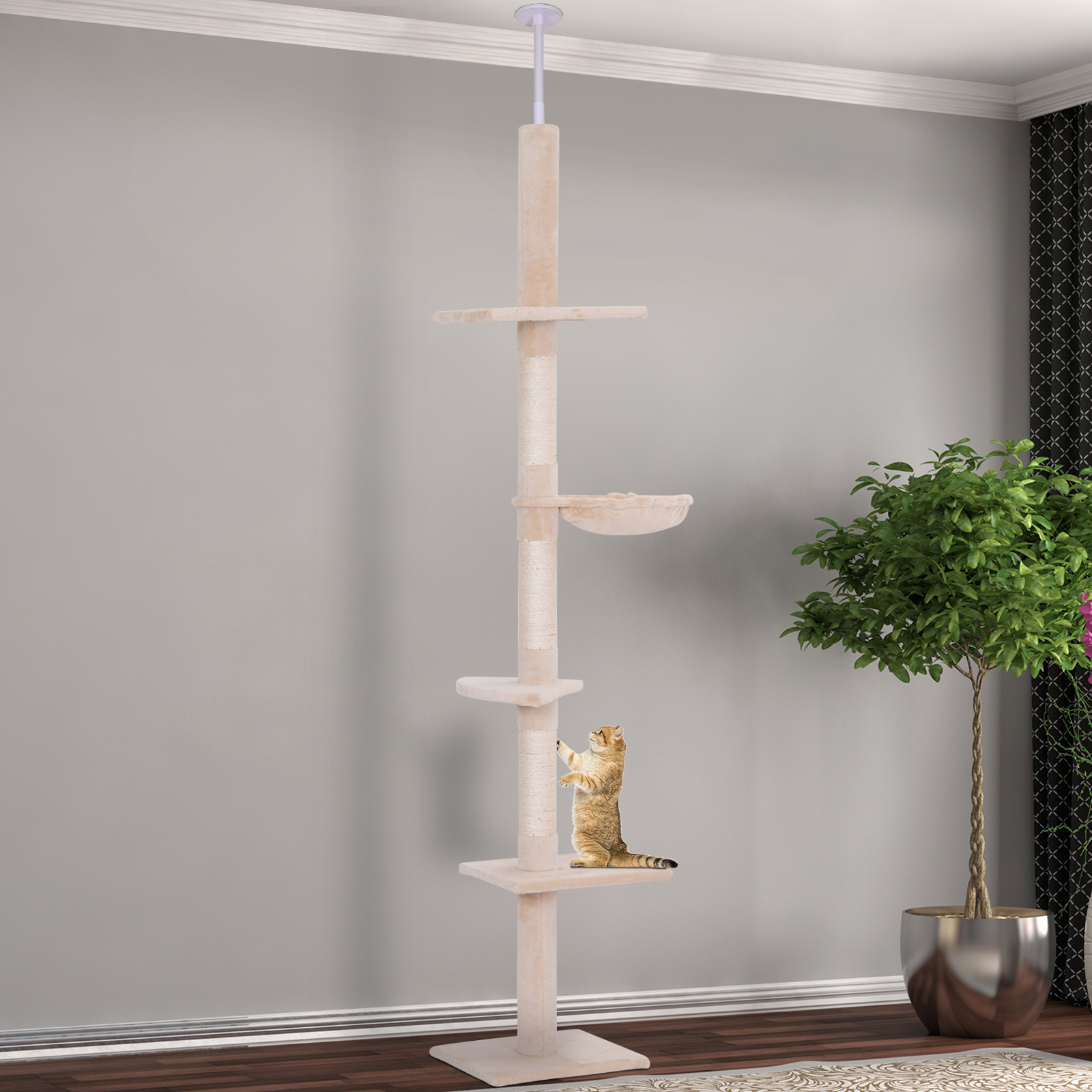  102" Adjustable Height Floor to Ceiling Cat Tree, 5 Level Cat Tower with Scratching Posts, Hammock, Beige