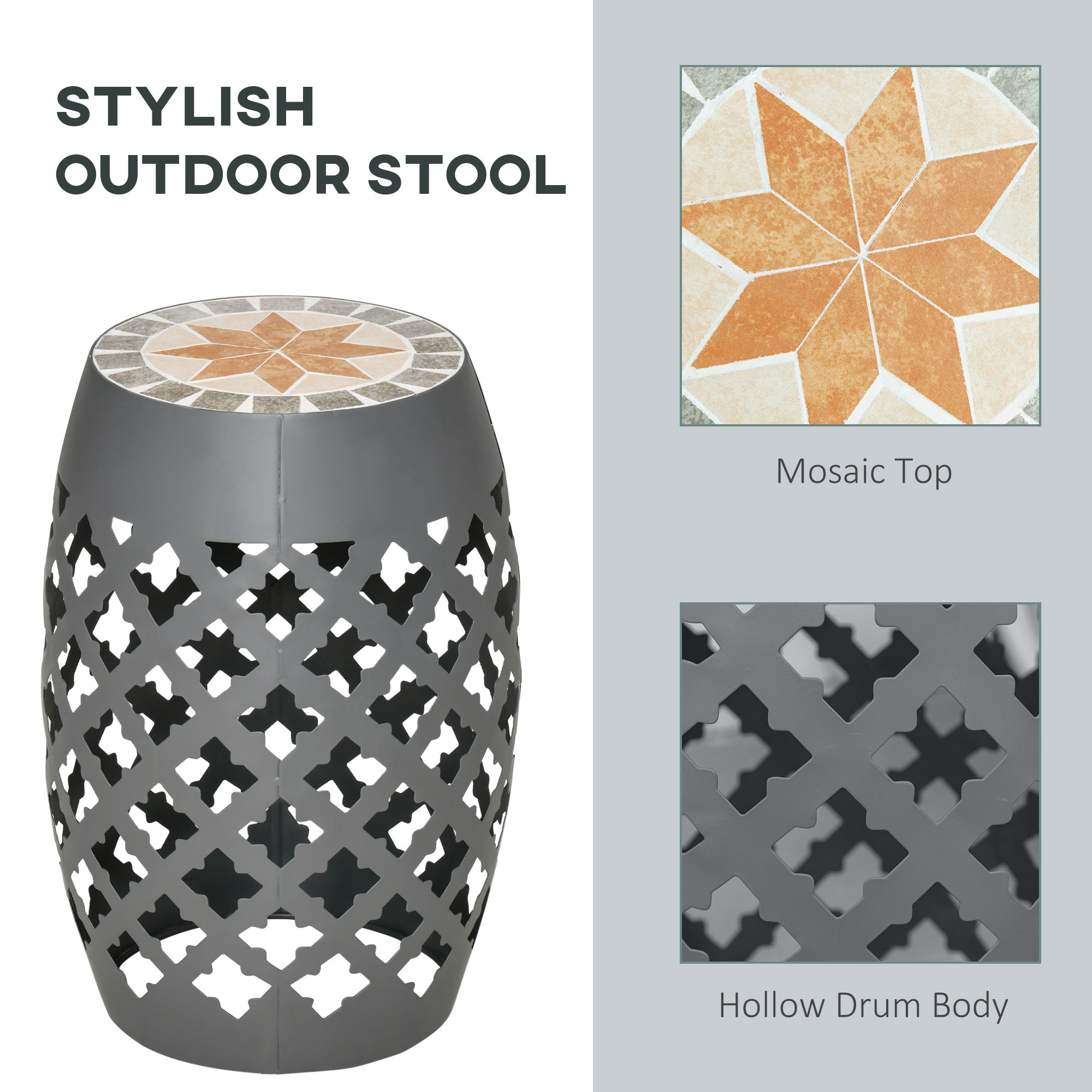 12″ Patio Round Side Table, Outdoor Footstool, Garden Mosaic Accent Side Table, Plant Stand, Gray