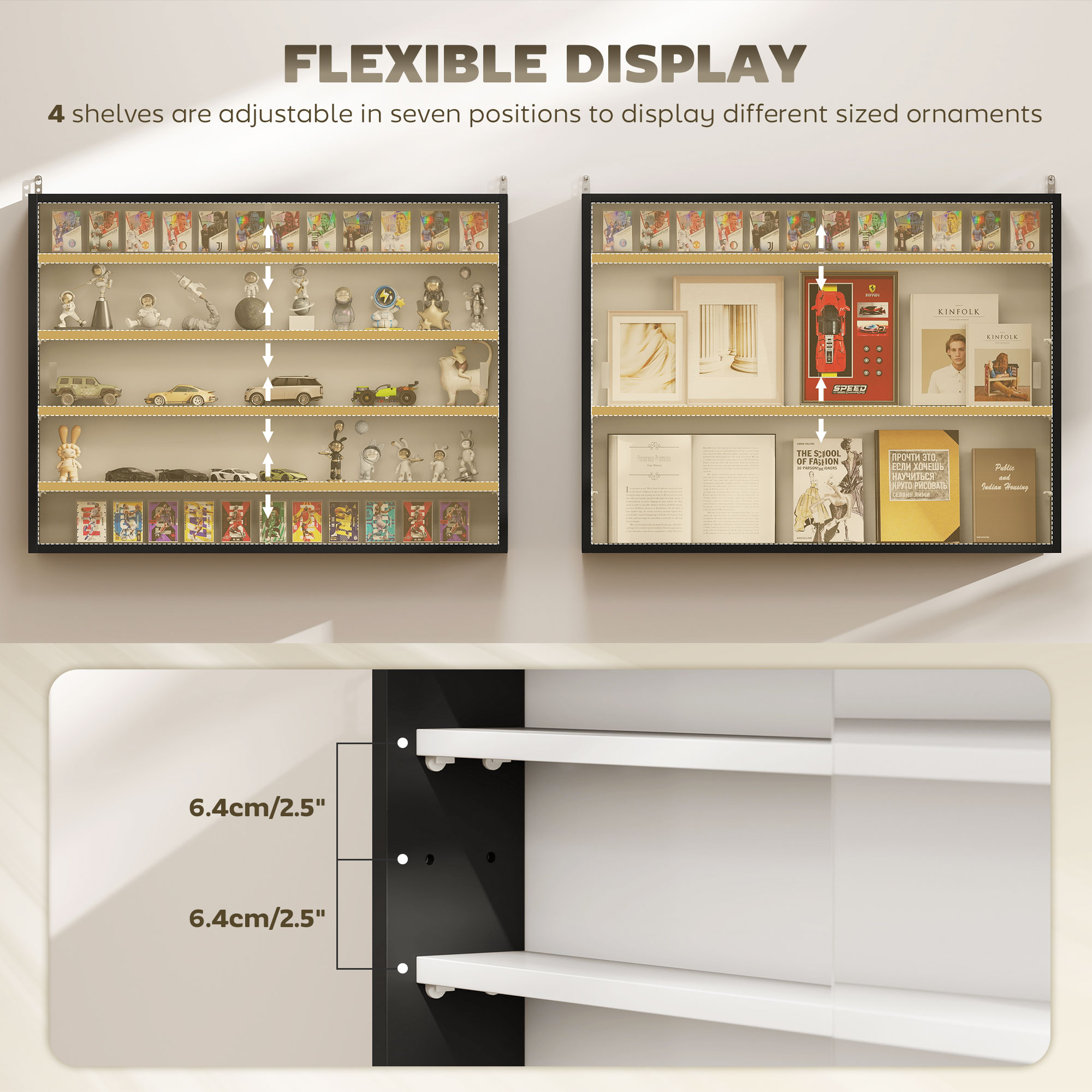 5-Tier Display Cabinet, Wall-Mounted Display Case with 2 Glass Doors and Adjustable Shelves, Black image 3