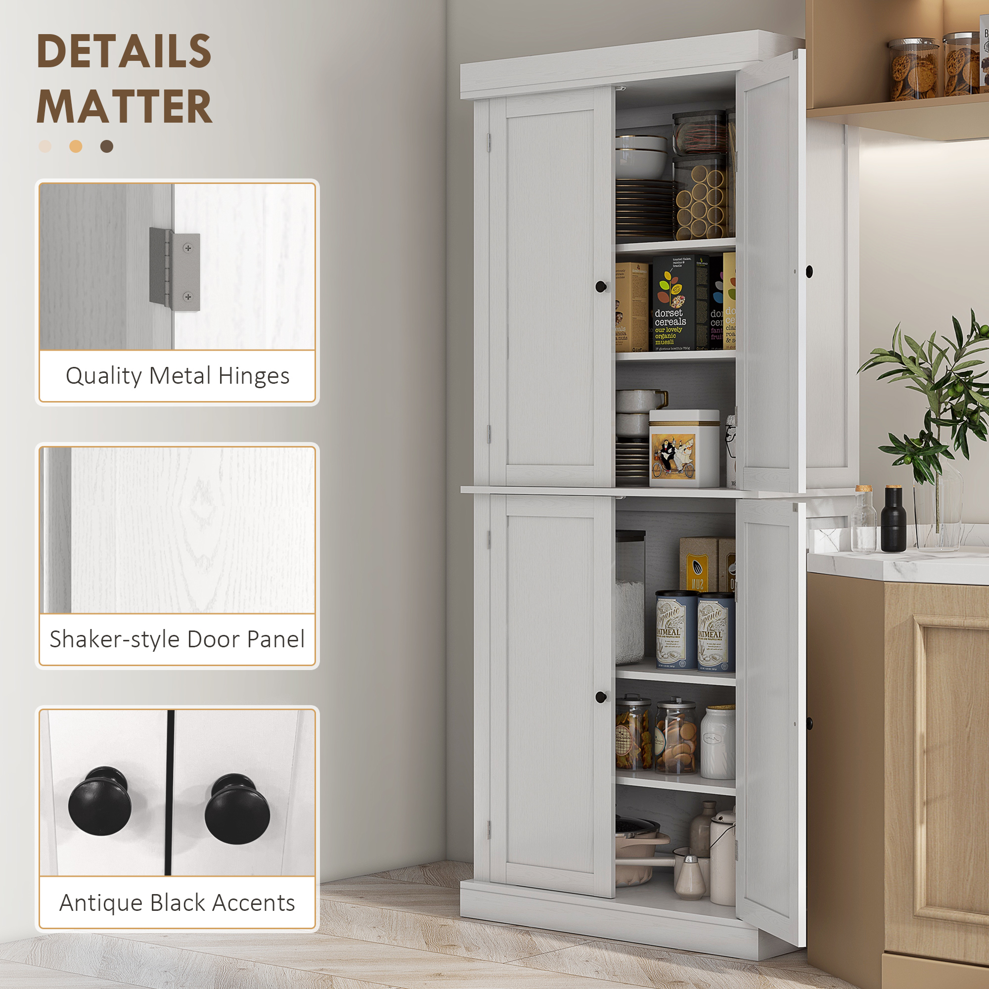  72" Kitchen Cabinet, Pantry Storage Cabinet with Doors and Shelves, Freestanding Food Pantry Cabinet, White Wood Grain image 6