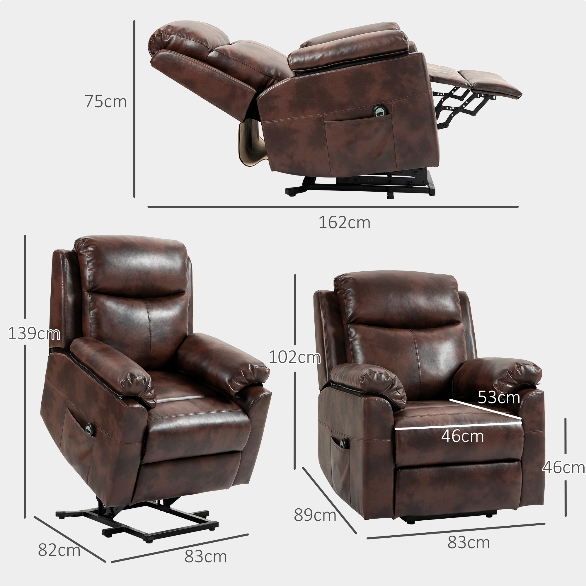 Faux Leather 70° Electric Riser Recliner Chair, Dark Brown — image 5