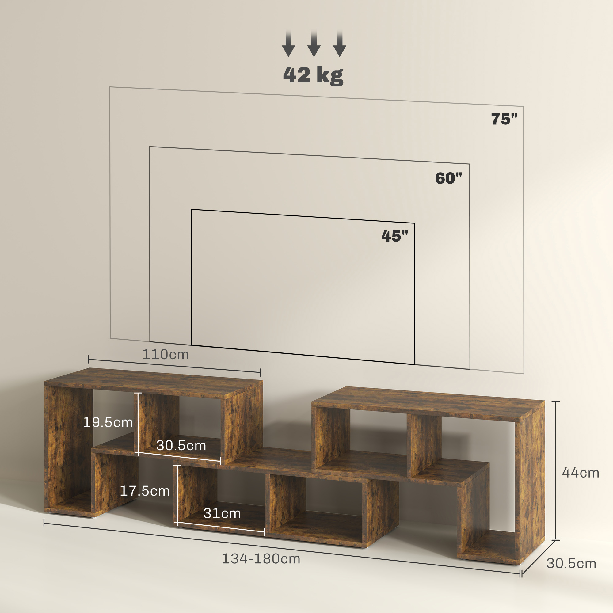 Three-Block Modular TV Stand - Rustic Brown — image 3