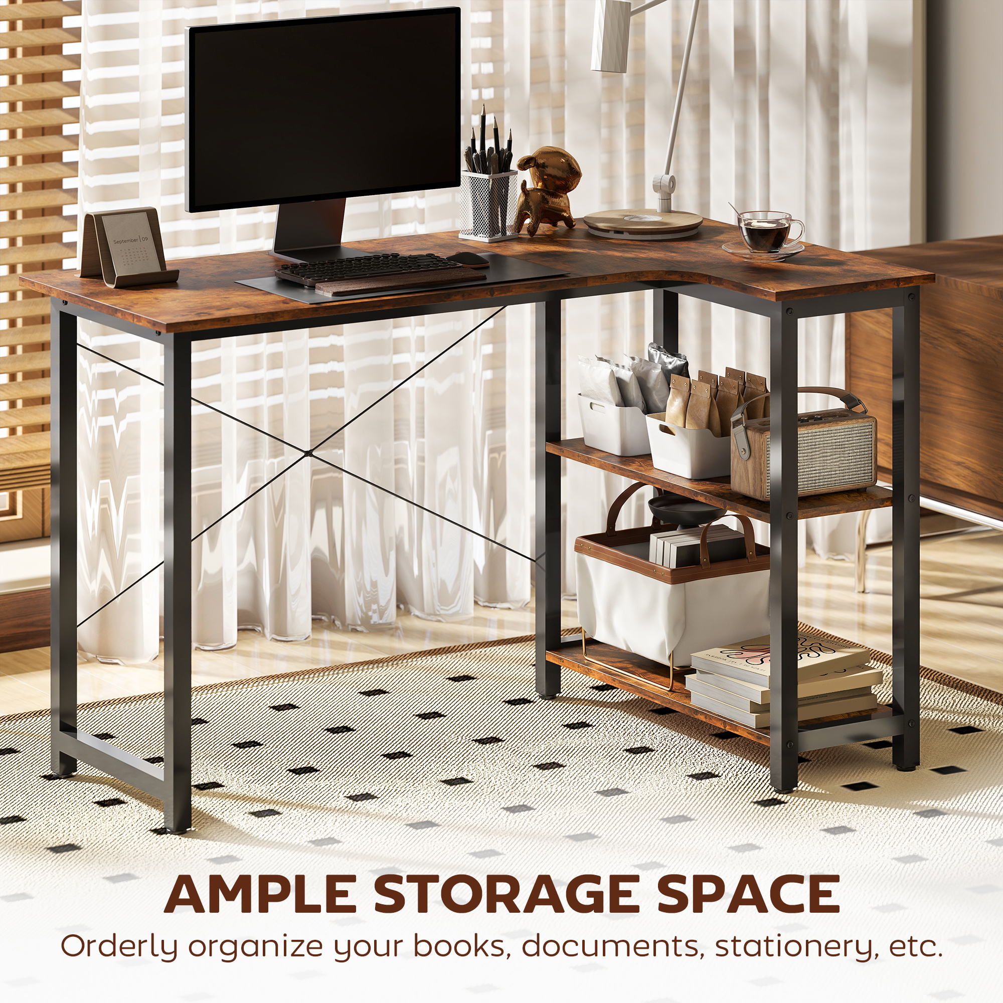L Shaped Desk, Corner Computer With Bookshelf For Home Office, Study Room