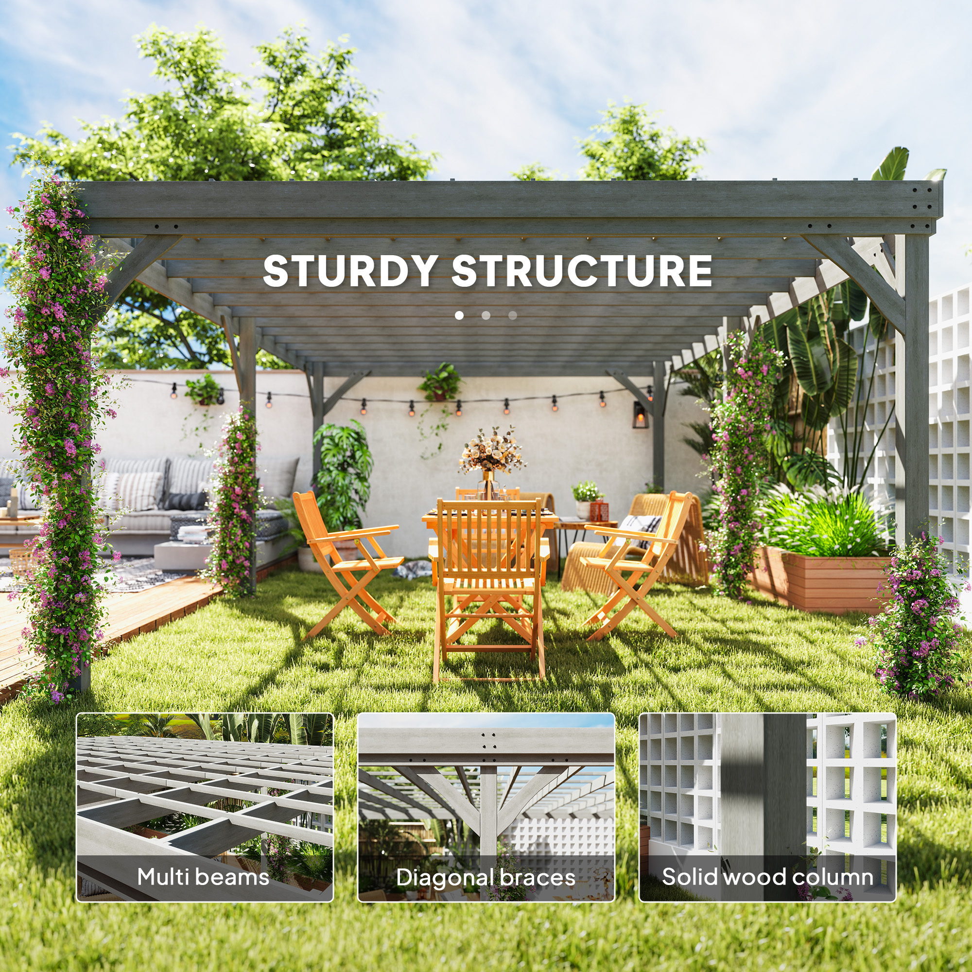 12’ x 20’ Outdoor Wooden Pergola, Grape Vine Gazebo with Concrete Anchors for Garden, Patio, Backyard, Deck, Gray